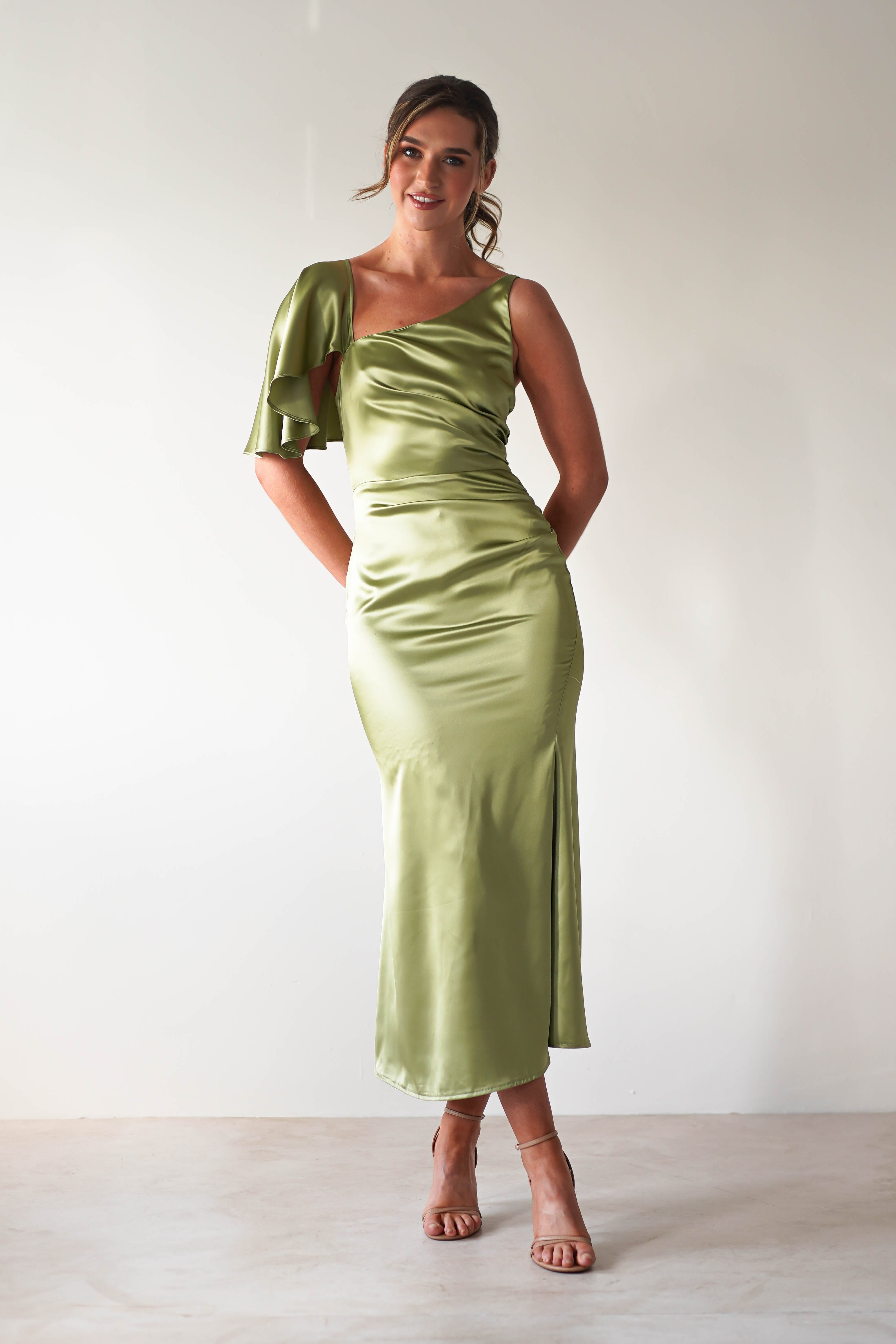 Esme Satin Midaxi Dress Lime Green | Wedding Guest Dress | Satin | Oh Hello Clothing