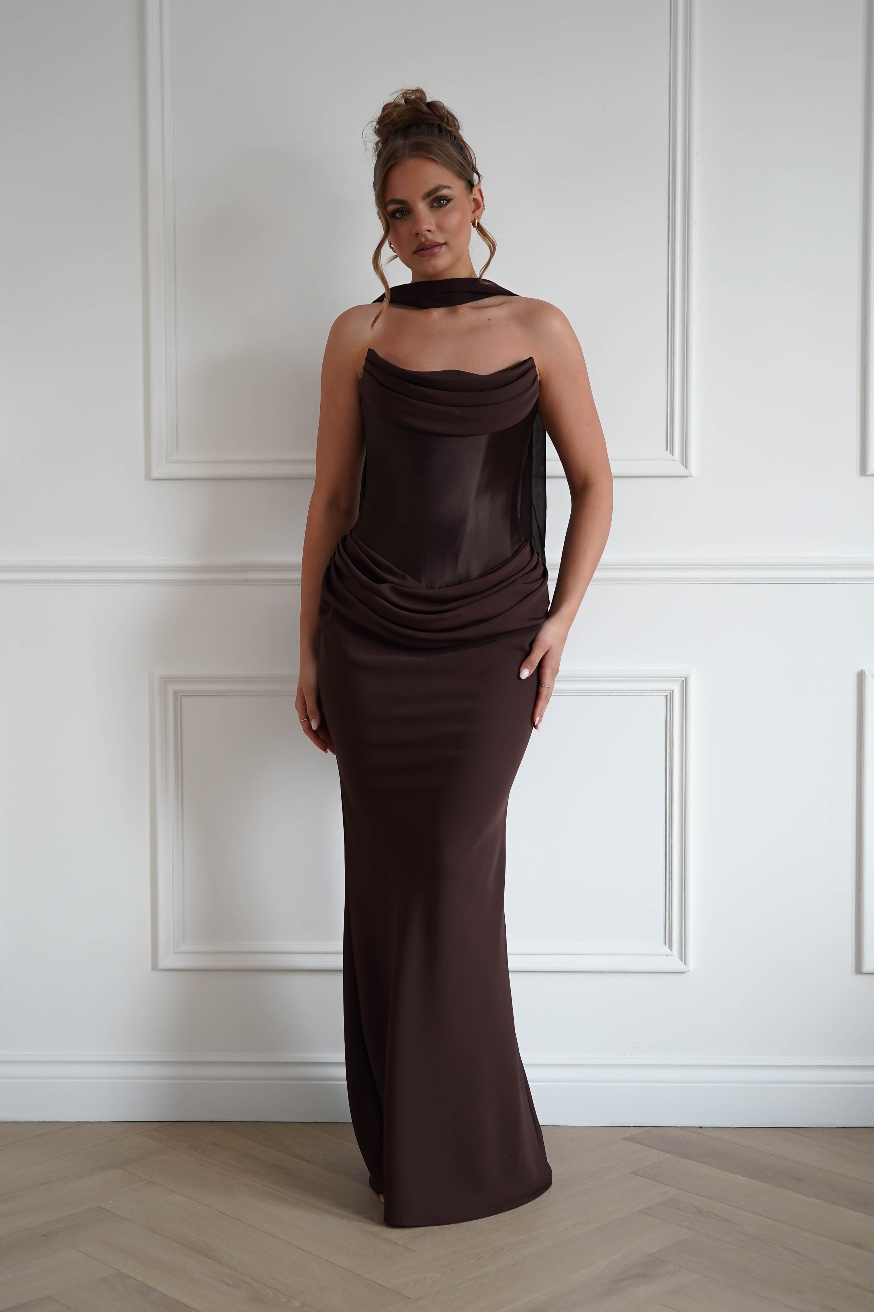 Oh Hello Clothing Women > Clothing > Dresses 1*Done-Cind-T732-Brown Strapless Ruched Midi Dress with Matching Scarf (Copy)