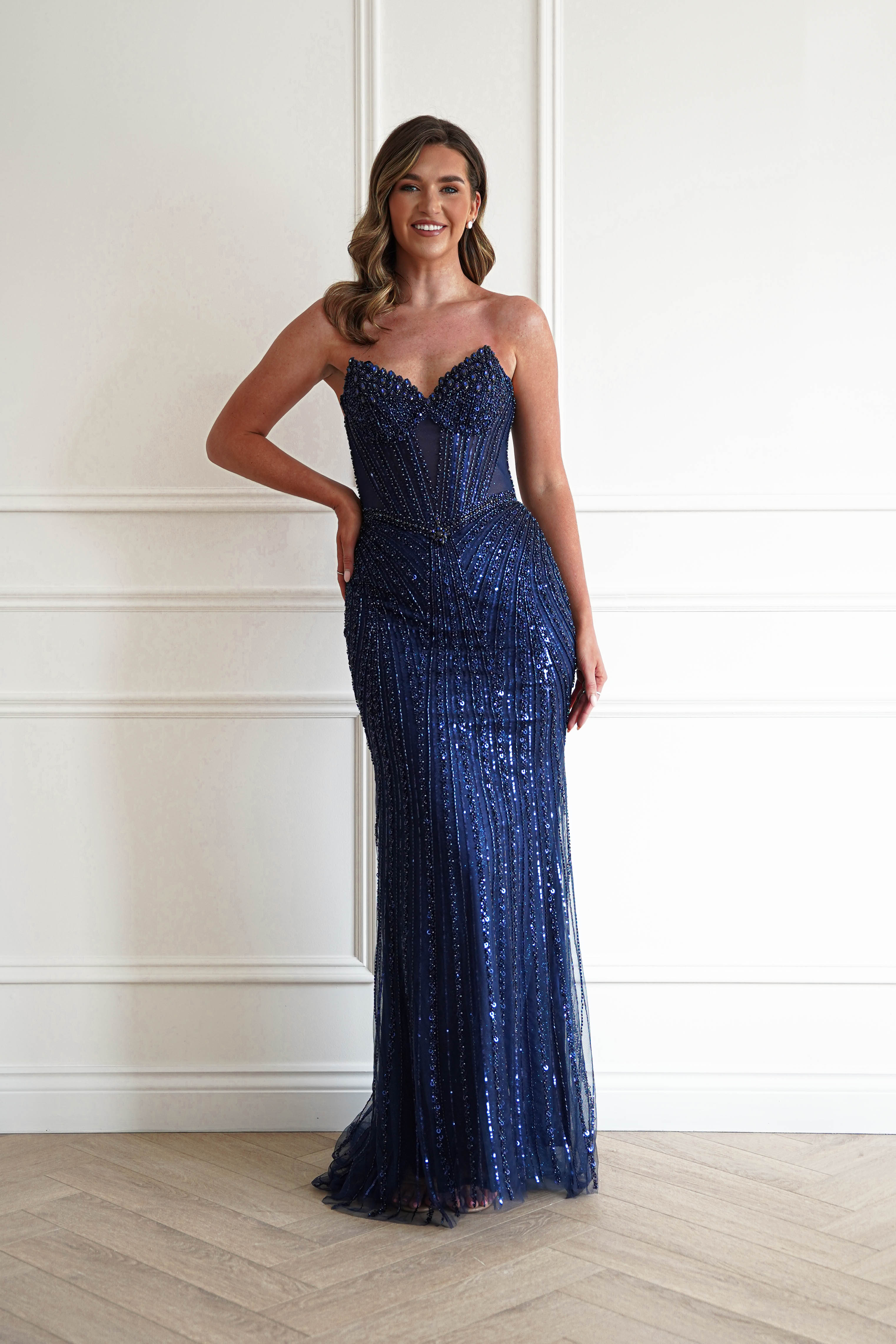 Oh Hello Clothing Women > Clothing > Dresses 1*DONE -CINDERALLA-CC398-Beaded Corset Maxi Dress in NAVY (Copy)