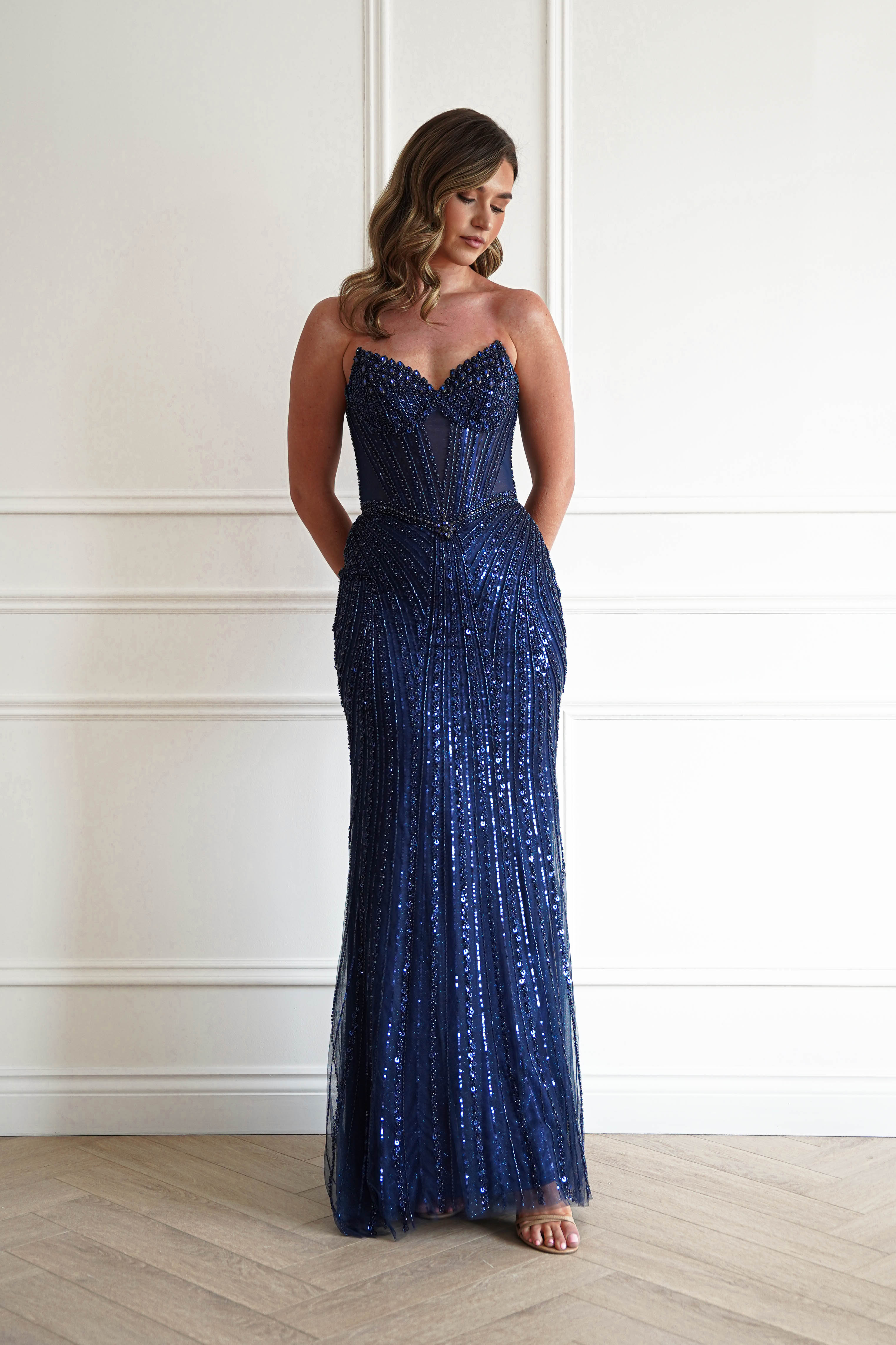 Oh Hello Clothing Women > Clothing > Dresses 1*DONE -CINDERALLA-CC398-Beaded Corset Maxi Dress in NAVY (Copy)