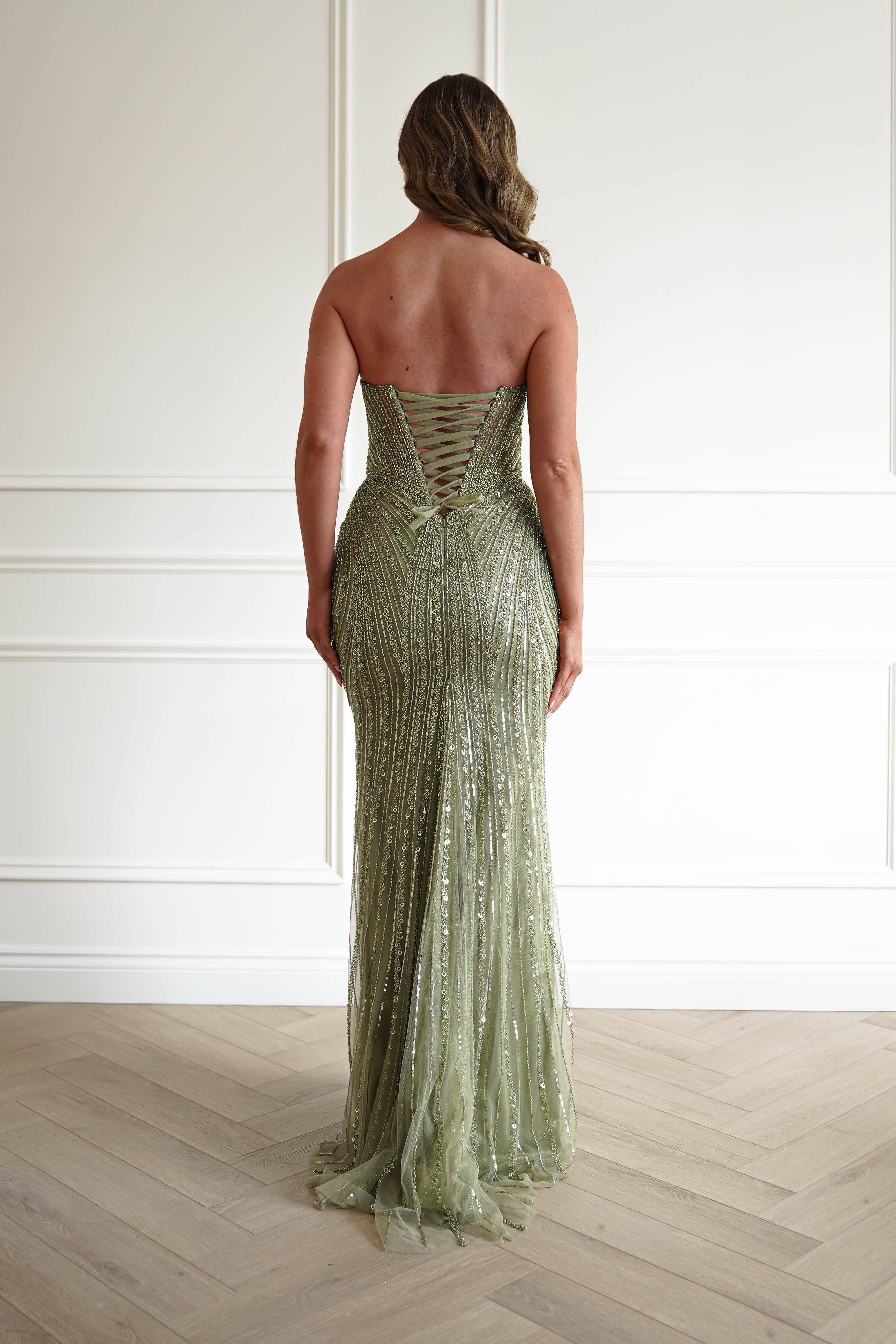 Oh Hello Clothing Women > Clothing > Dresses 1*DONE -CINDERALLA-CC398-Beaded Corset Maxi Dress in Sage Green