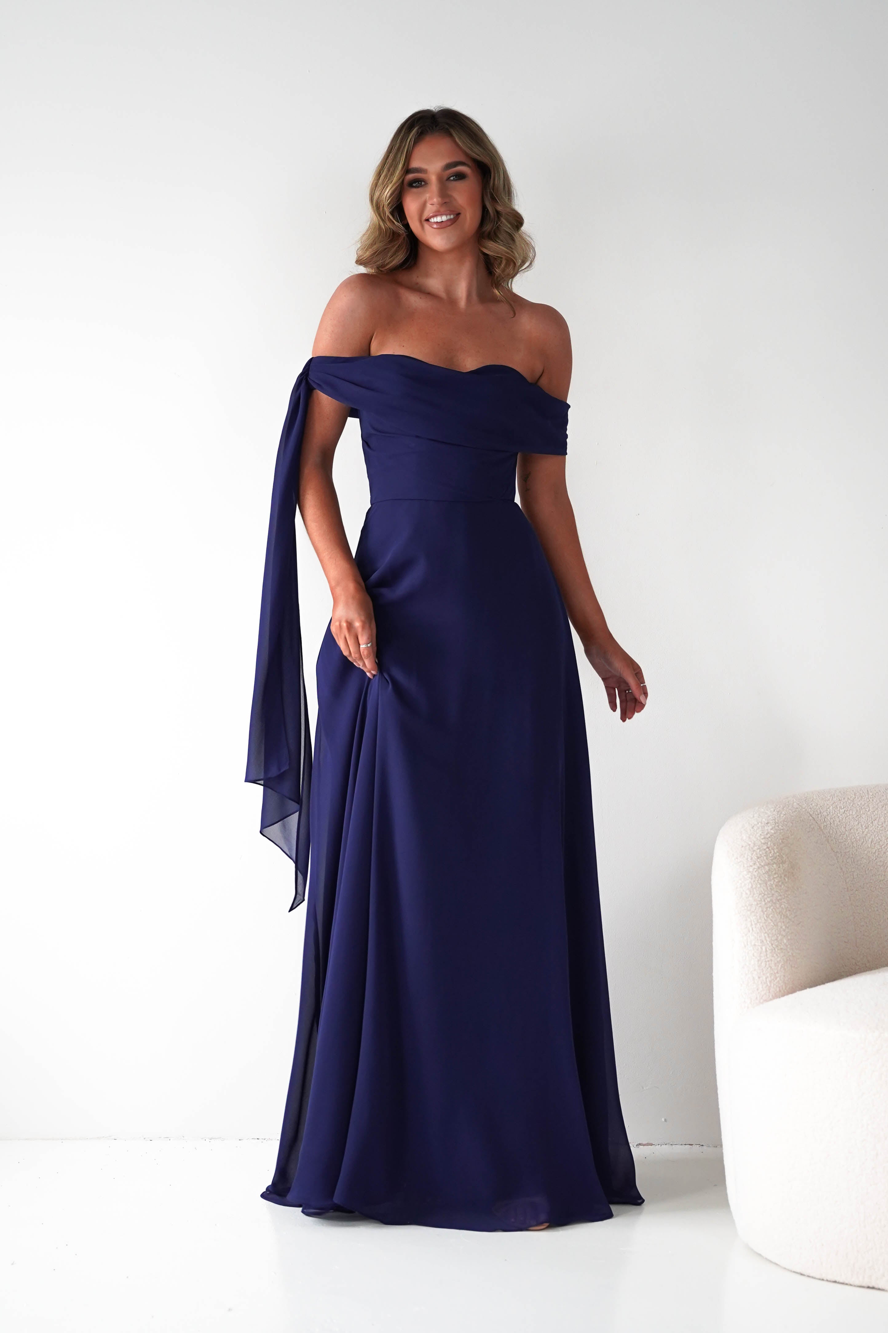 Oh Hello Clothing Dresses 1*DONE -CINDERALLA-NAVY DRESS DRAPE DSEIGN ON ONE SIDE- T716 (Copy)
