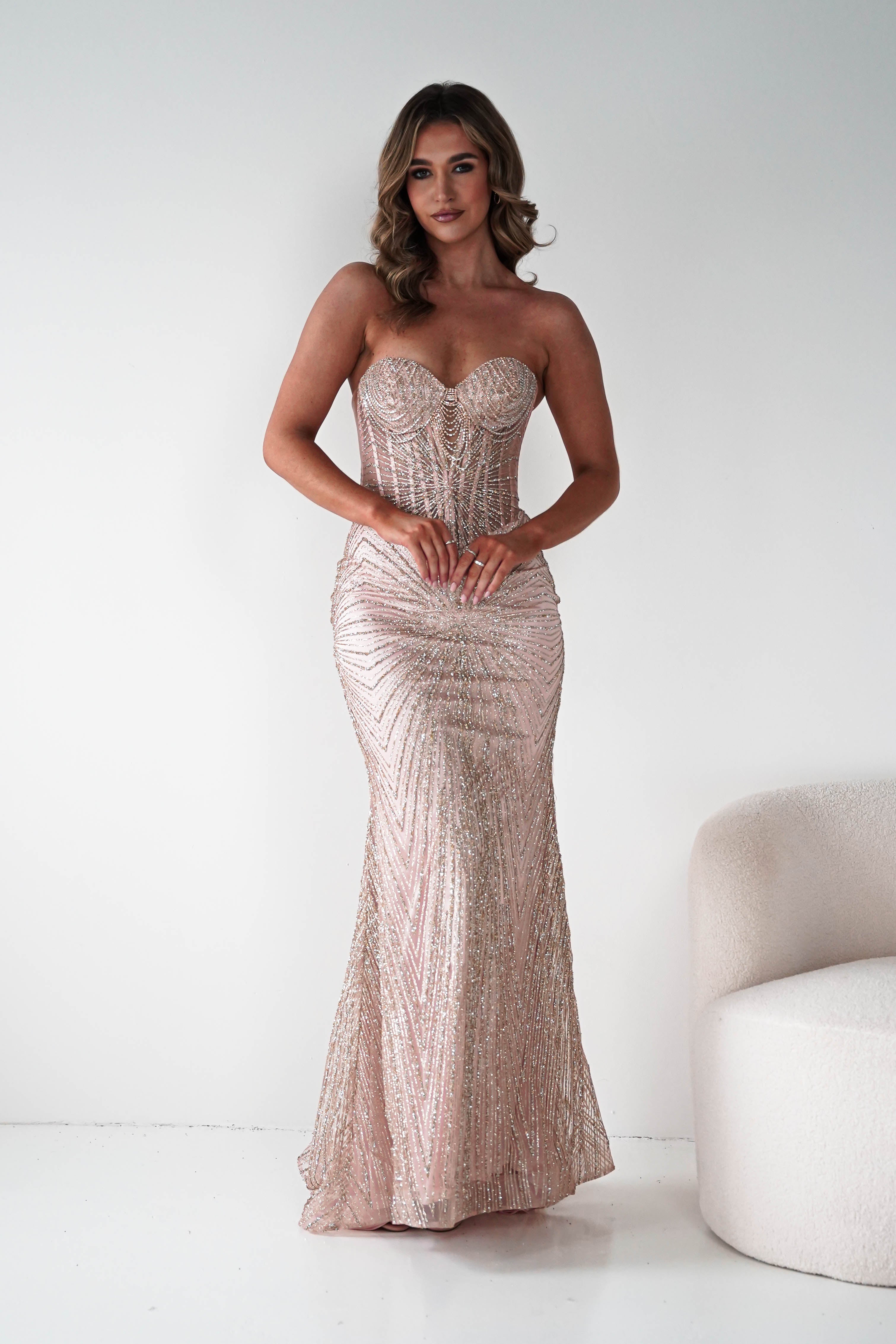 Oh Hello Clothing Dresses 1*DONE -Cinderalla- Rose gold- Beaded Corset Gown