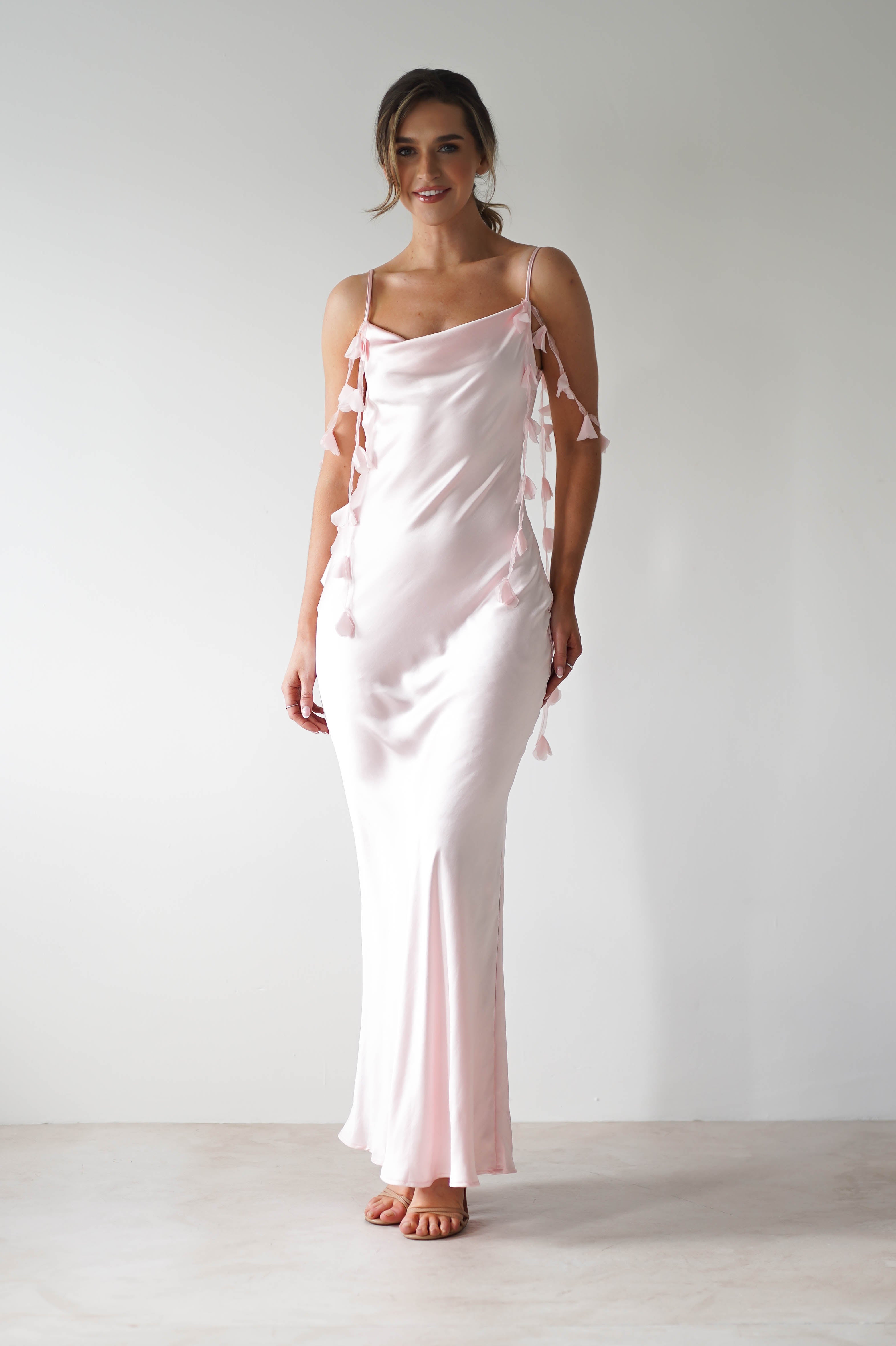Daisy Cowl Neckline Satin Maxi Dress Light Pink | Wedding Guest Dress | Cowl Neck | Maxi | Oh Hello Clothing