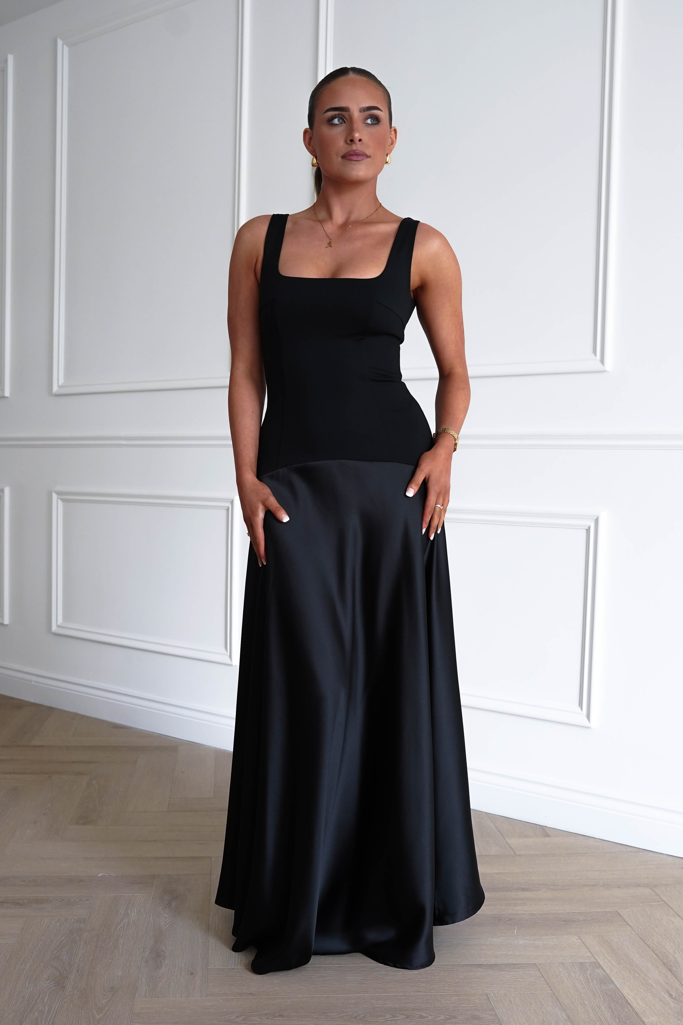 Oh Hello Clothing Dresses > Prom Dresses 1* DONE - Elena Square Neck Soft Satin Maxi Dress | Black