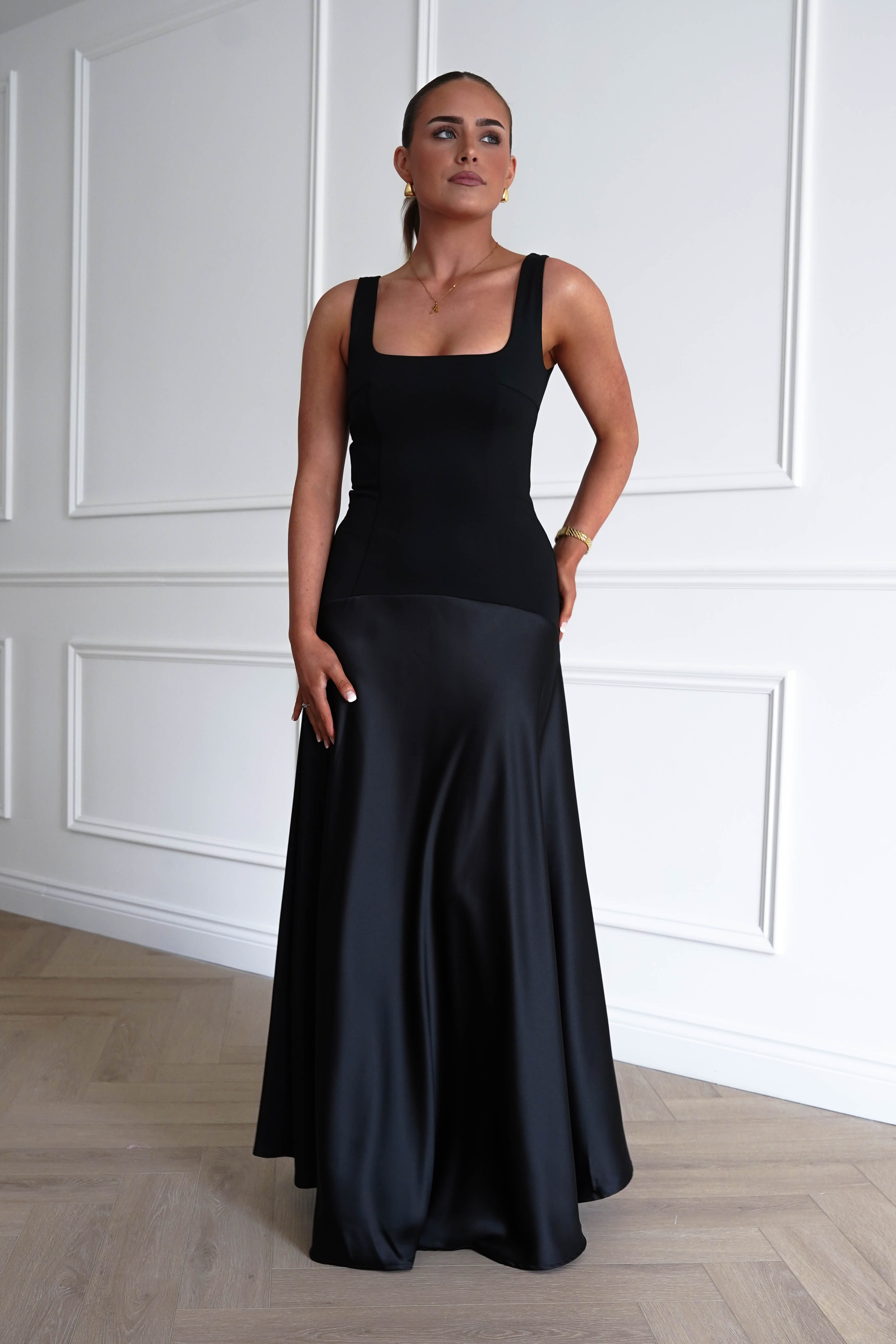 Oh Hello Clothing Dresses > Prom Dresses 1* DONE - Elena Square Neck Soft Satin Maxi Dress | Black