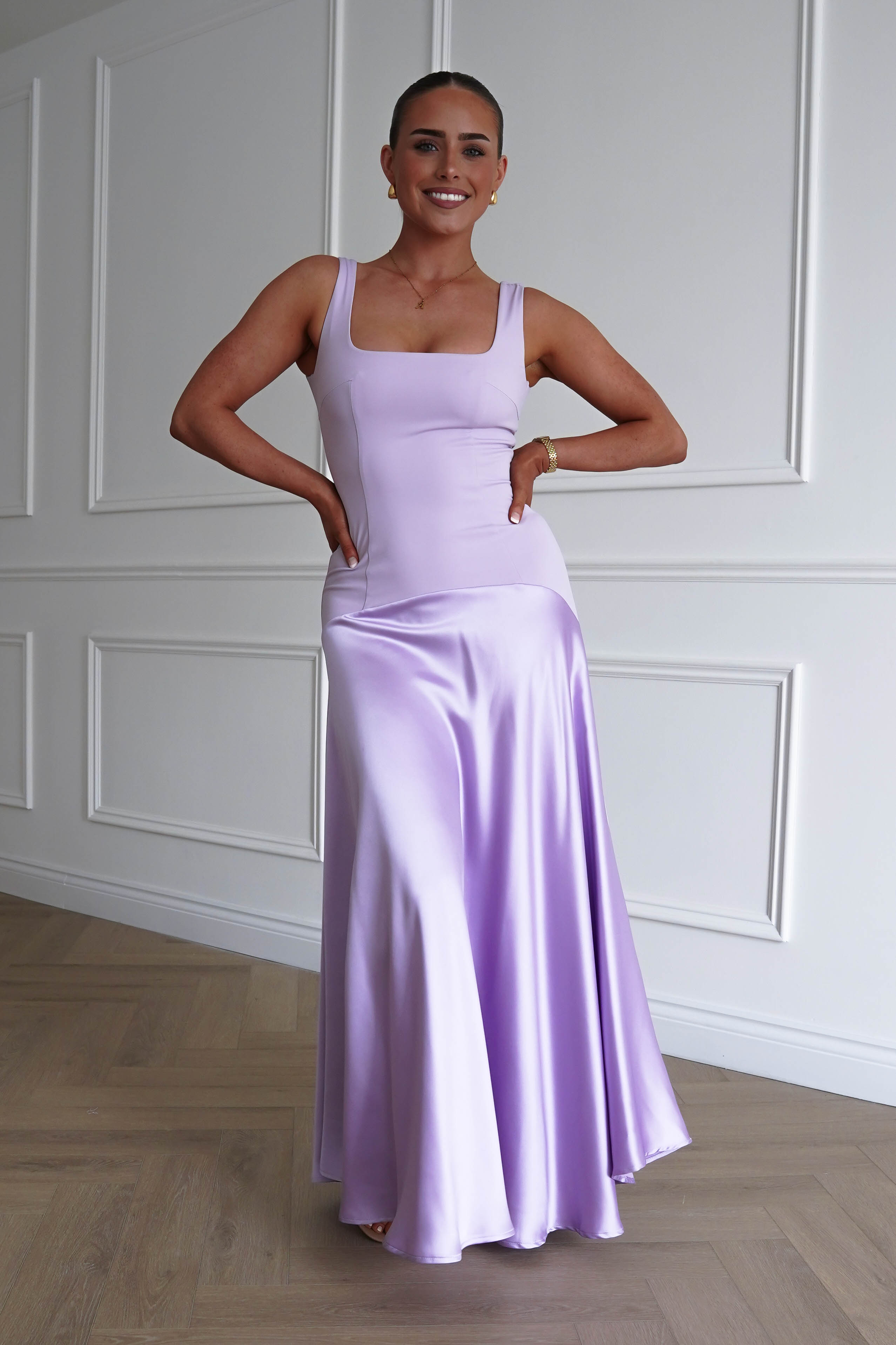 Oh Hello Clothing Dresses > Prom Dresses 1* DONE - Elena Square Neck Soft Satin Maxi Dress | Lilac