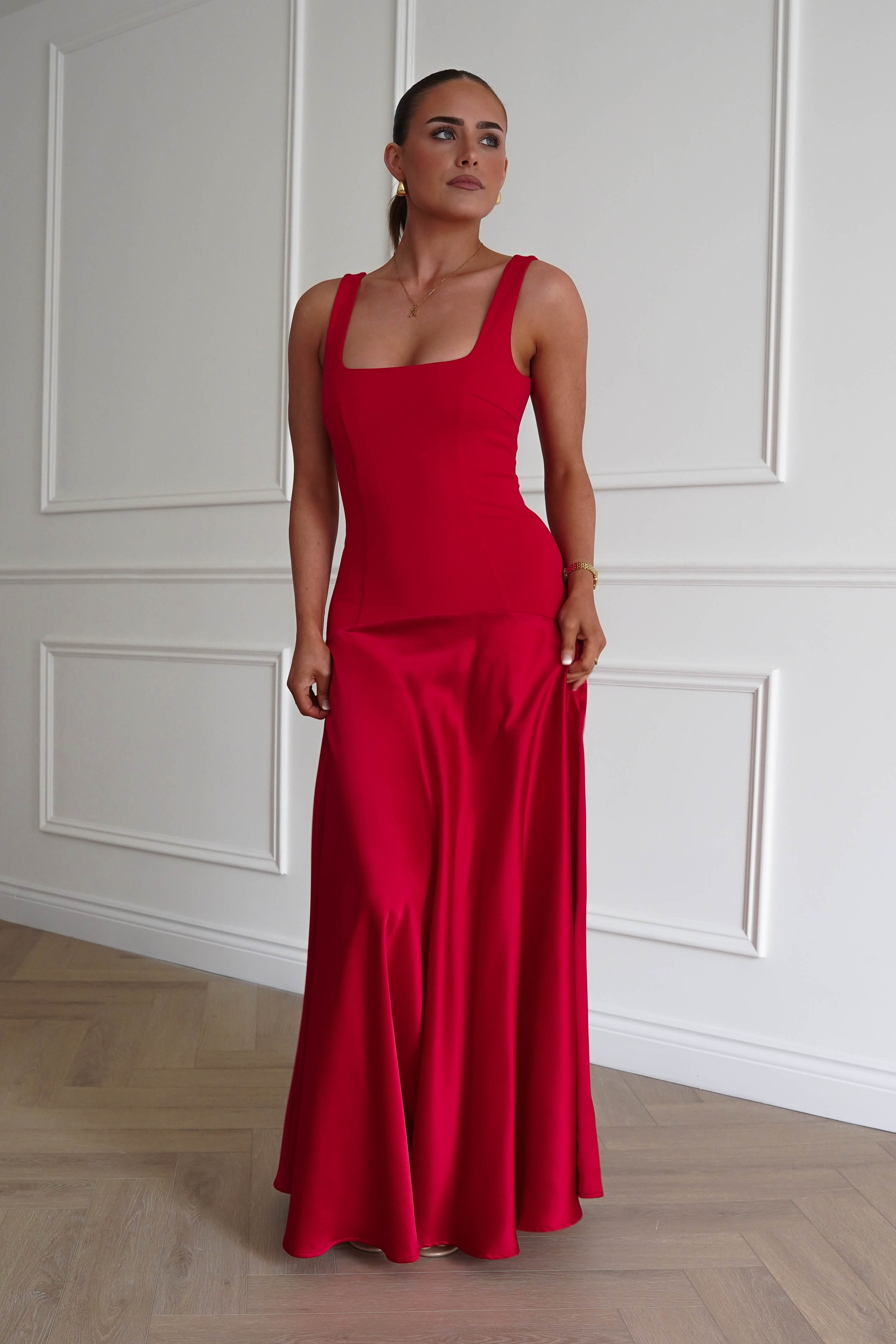 Oh Hello Clothing Dresses > Prom Dresses 1* DONE - Elena Square Neck Soft Satin Maxi Dress | Red