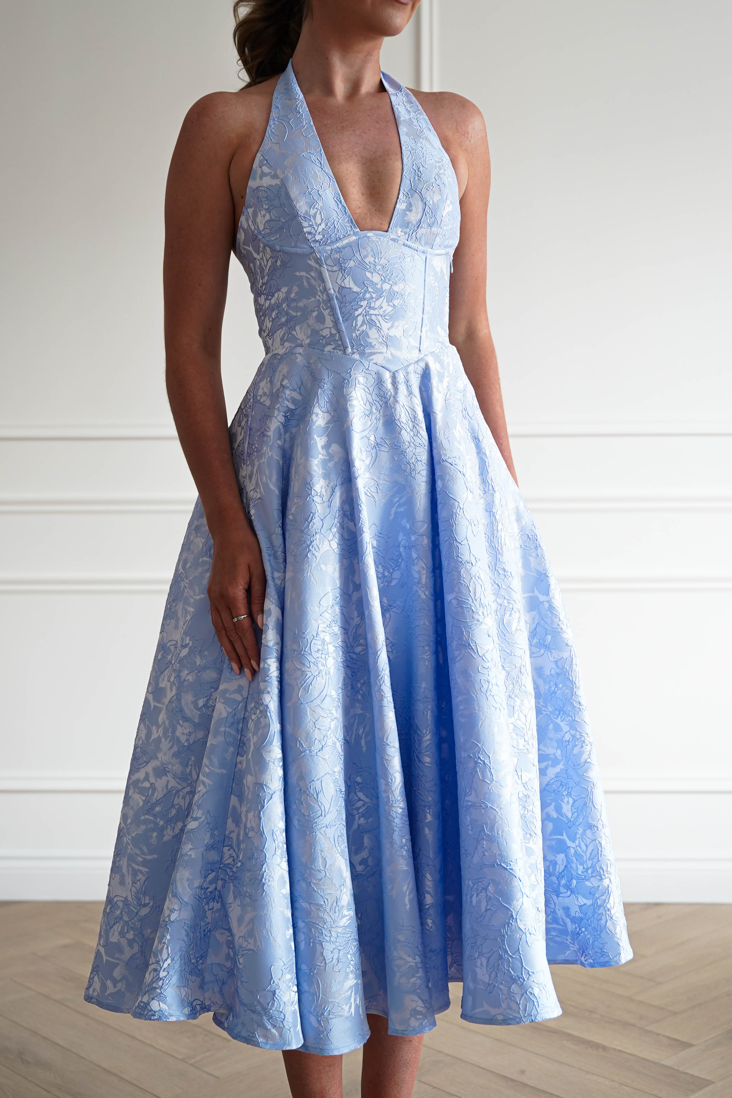 Oh Hello Clothing Women > Clothing > Dresses 1*DONE- FP- 527016-BLUE Jacquard Plunge Midi Dress (Copy)