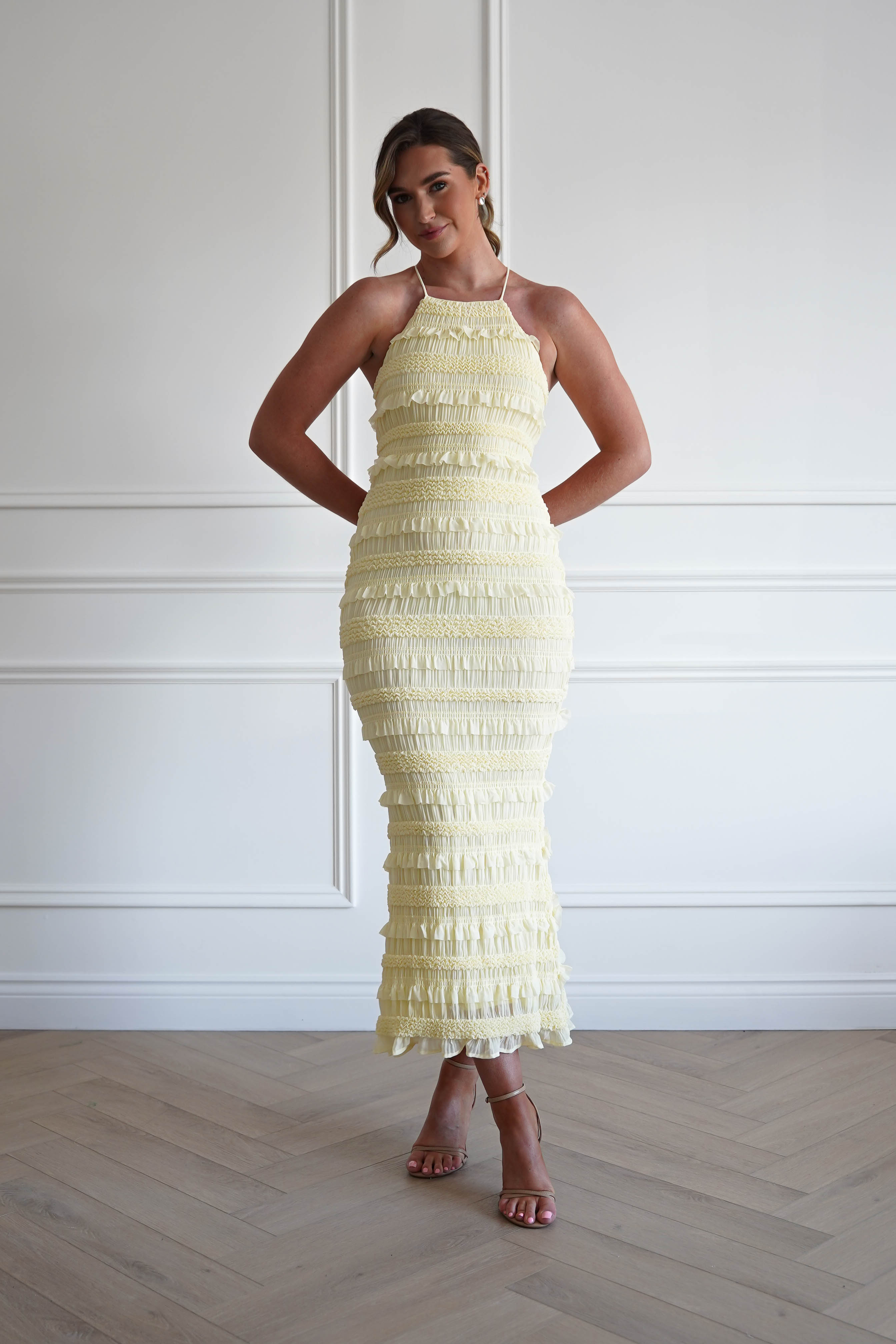 Oh Hello Clothing Women > Clothing > Dresses 1*DONE- FP- 578201- Yellow Ruffle Bodycon Maxi Dress