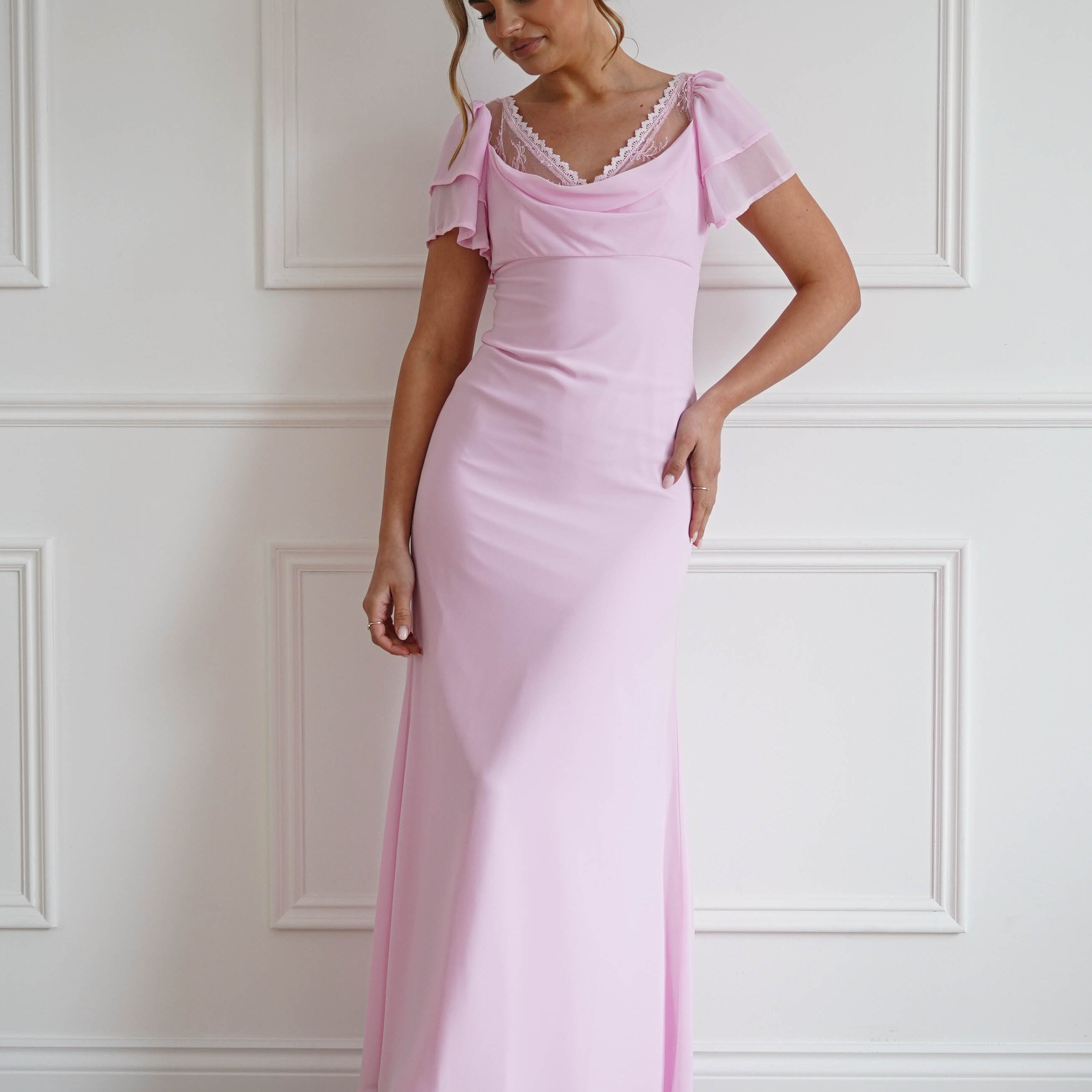 Oh Hello Clothing Women > Clothing > Dresses 1*DONE- INDIKAH-CM6669W-Pink Flutter Sleeve Maxi Dress