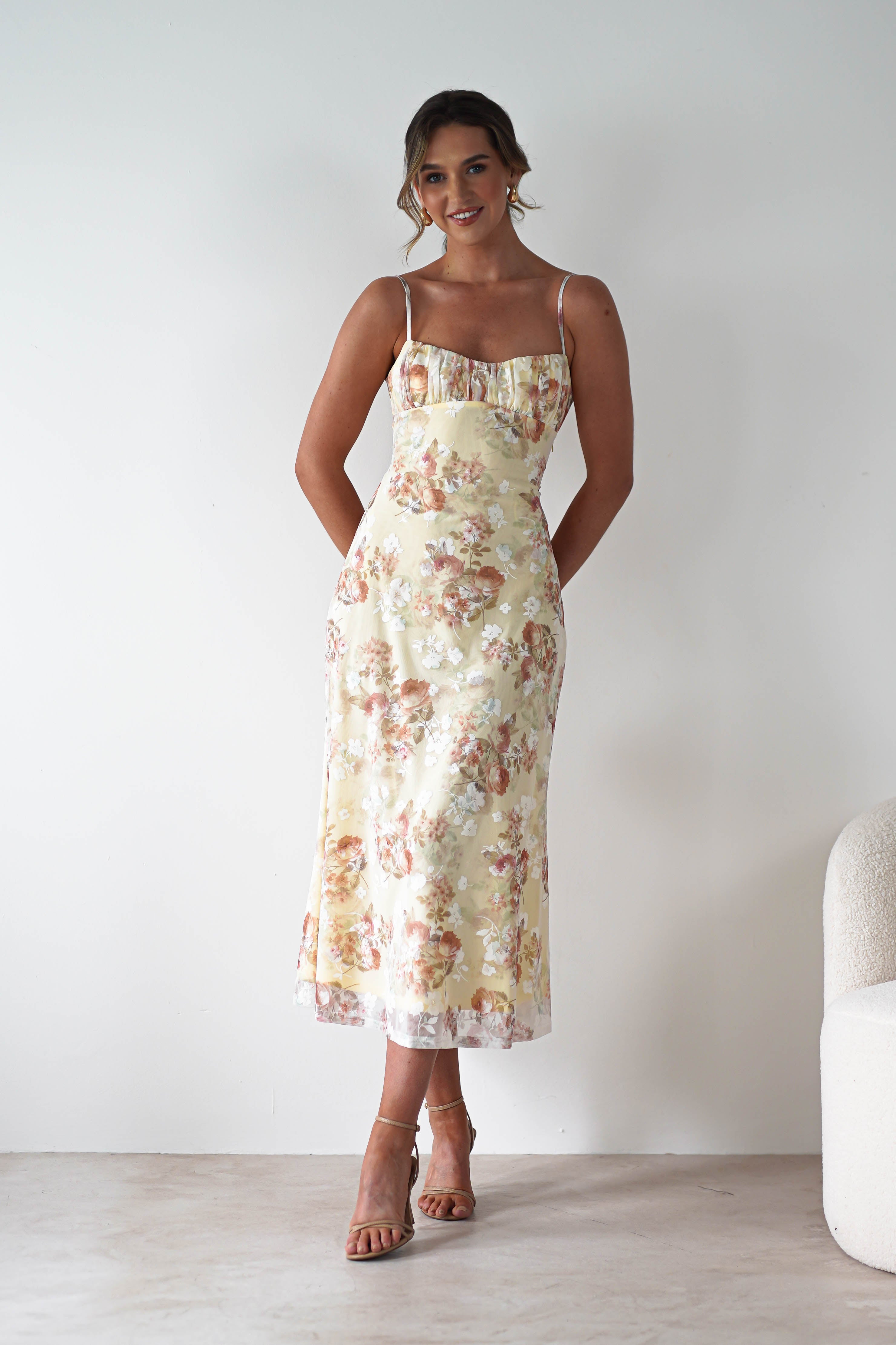 Annabelle Floral Print Midaxi Dress Yellow | Wedding Guest Dress | Oh Hello Clothing