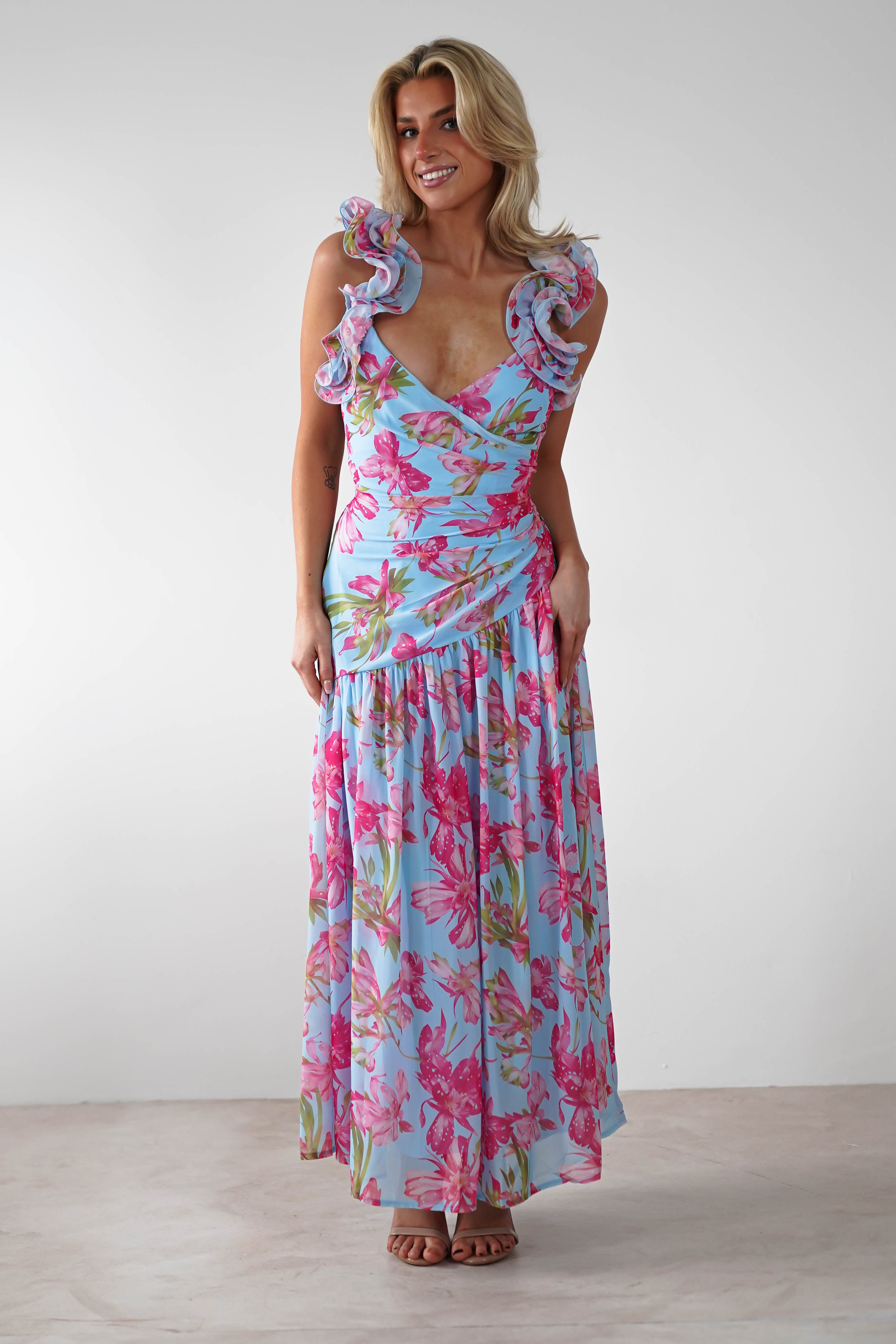 Karmen Ruffle Floral Midaxi Dress Blue/Pink | Wedding Guest Dress | Oh Hello Clothing