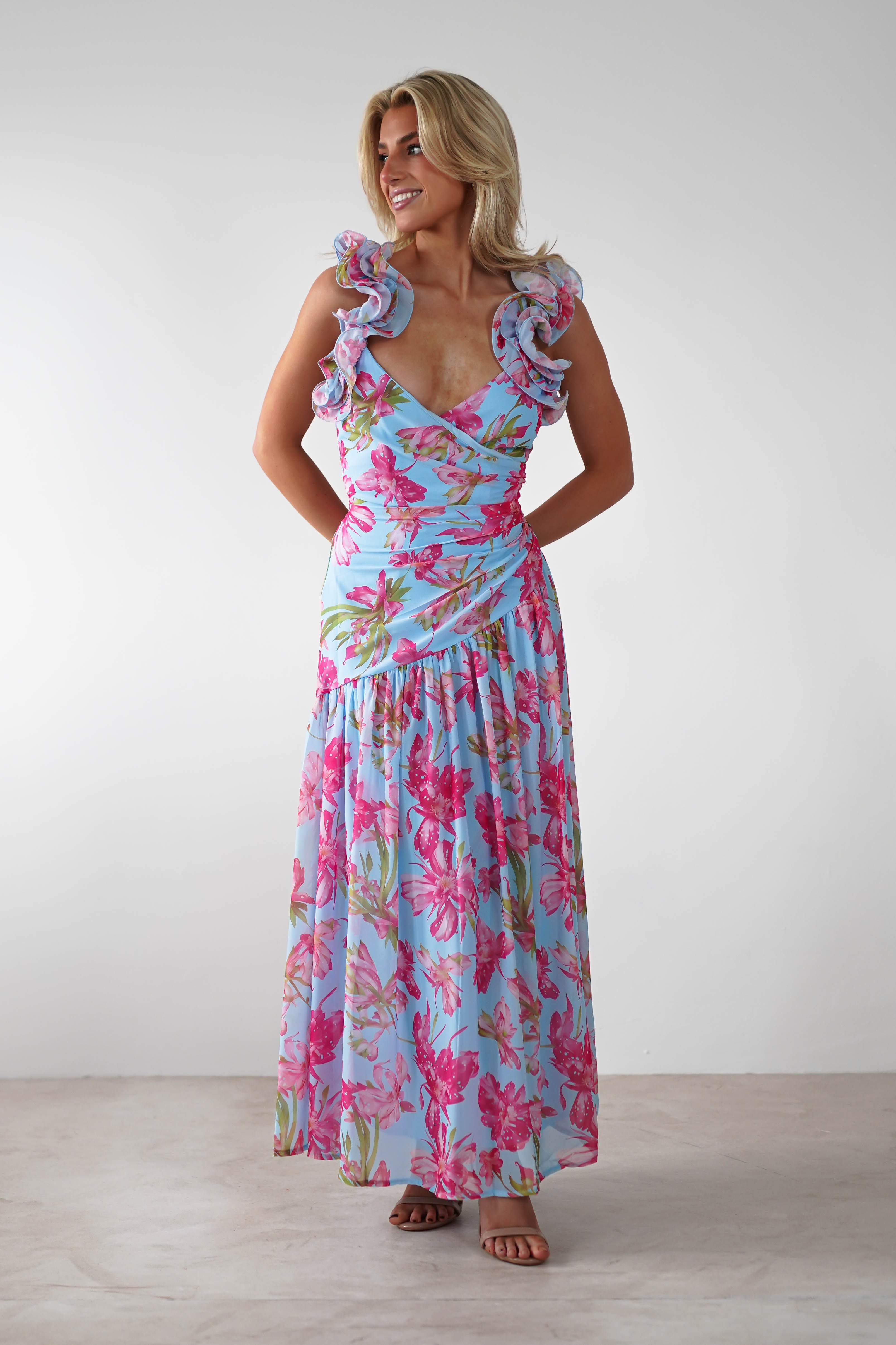 Karmen Ruffle Floral Midaxi Dress Blue/Pink | Wedding Guest Dress | Oh Hello Clothing