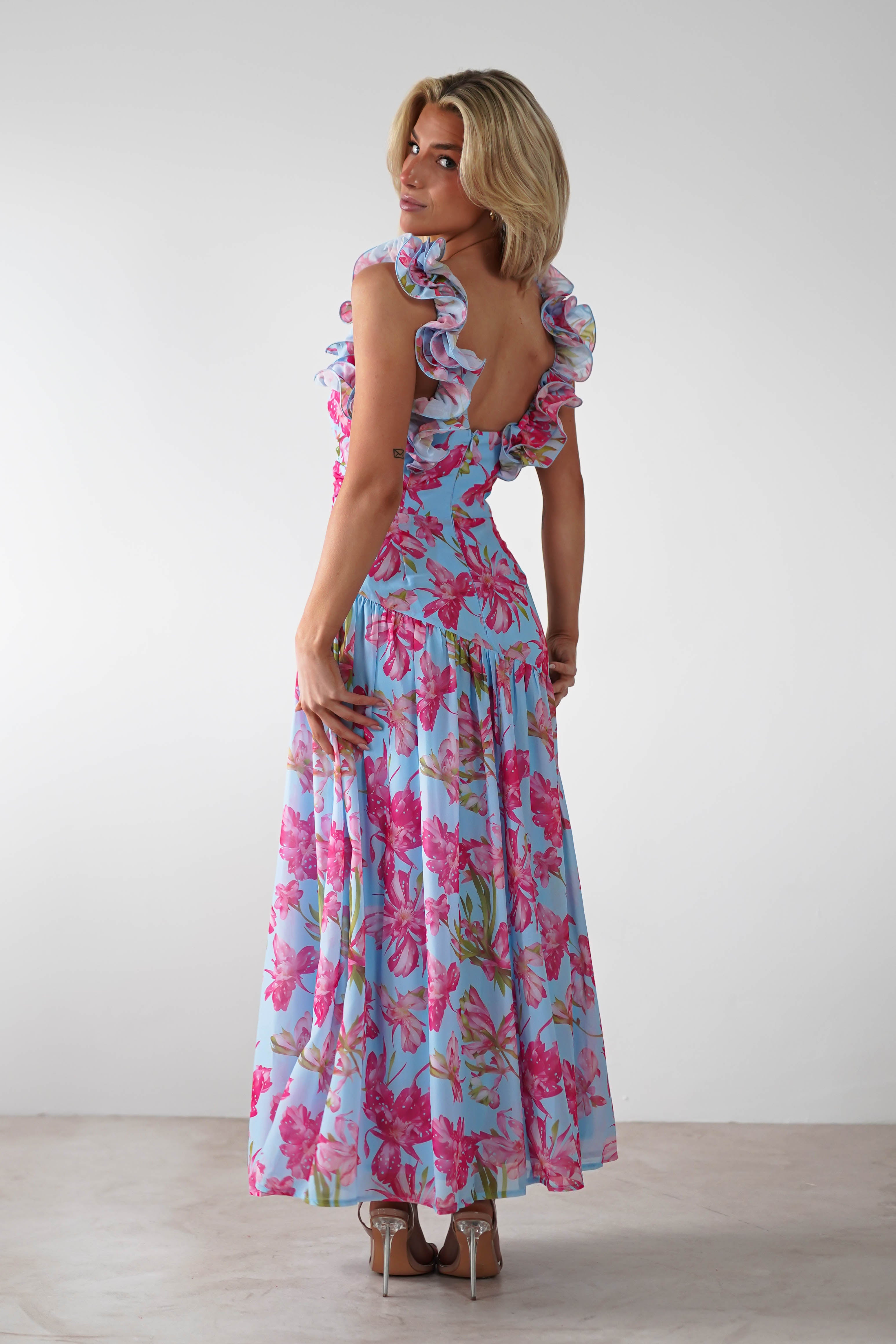 Karmen Ruffle Floral Midaxi Dress Blue/Pink | Wedding Guest Dress | Oh Hello Clothing