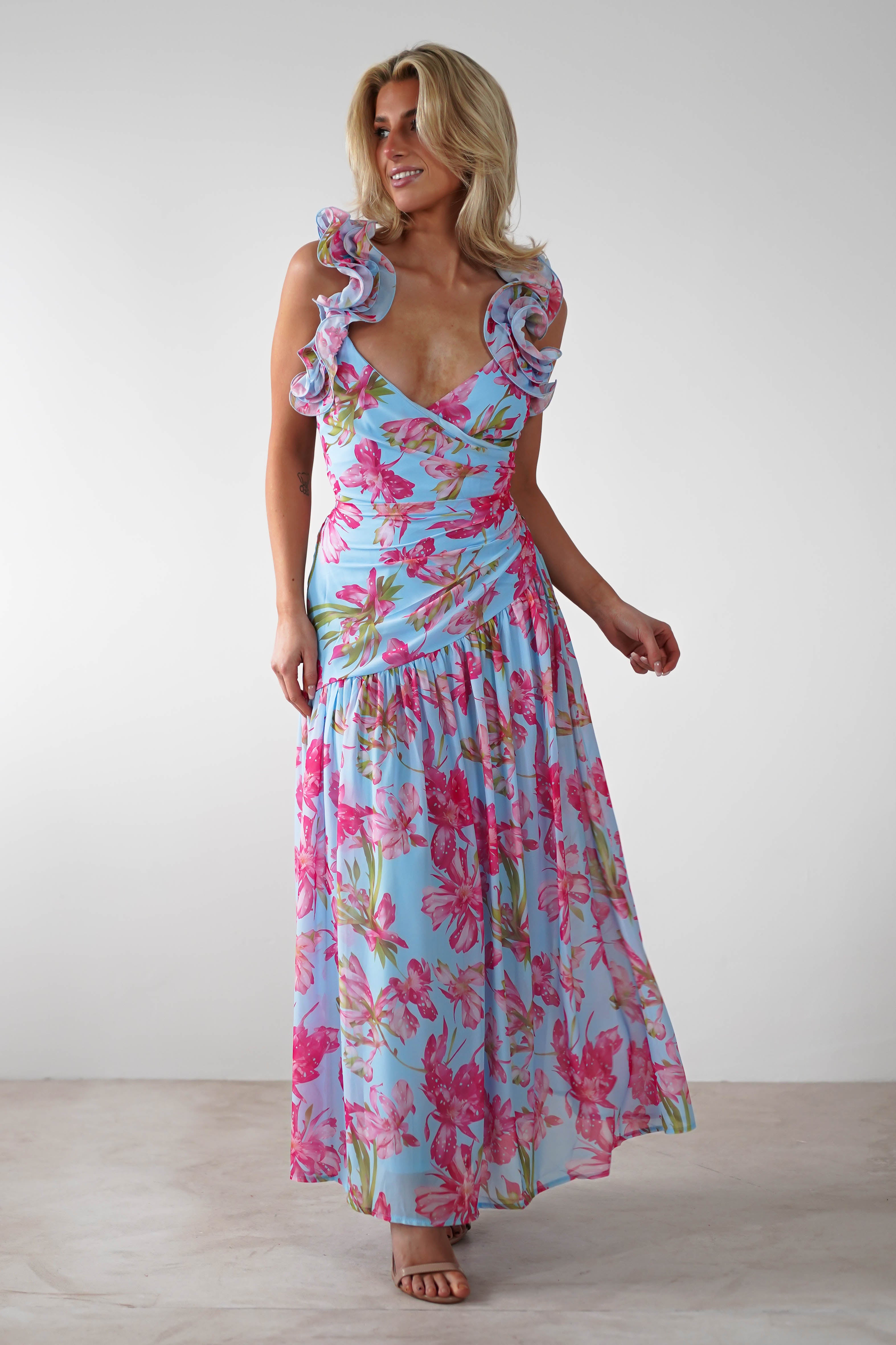 Karmen Ruffle Floral Midaxi Dress Blue/Pink | Wedding Guest Dress | Oh Hello Clothing