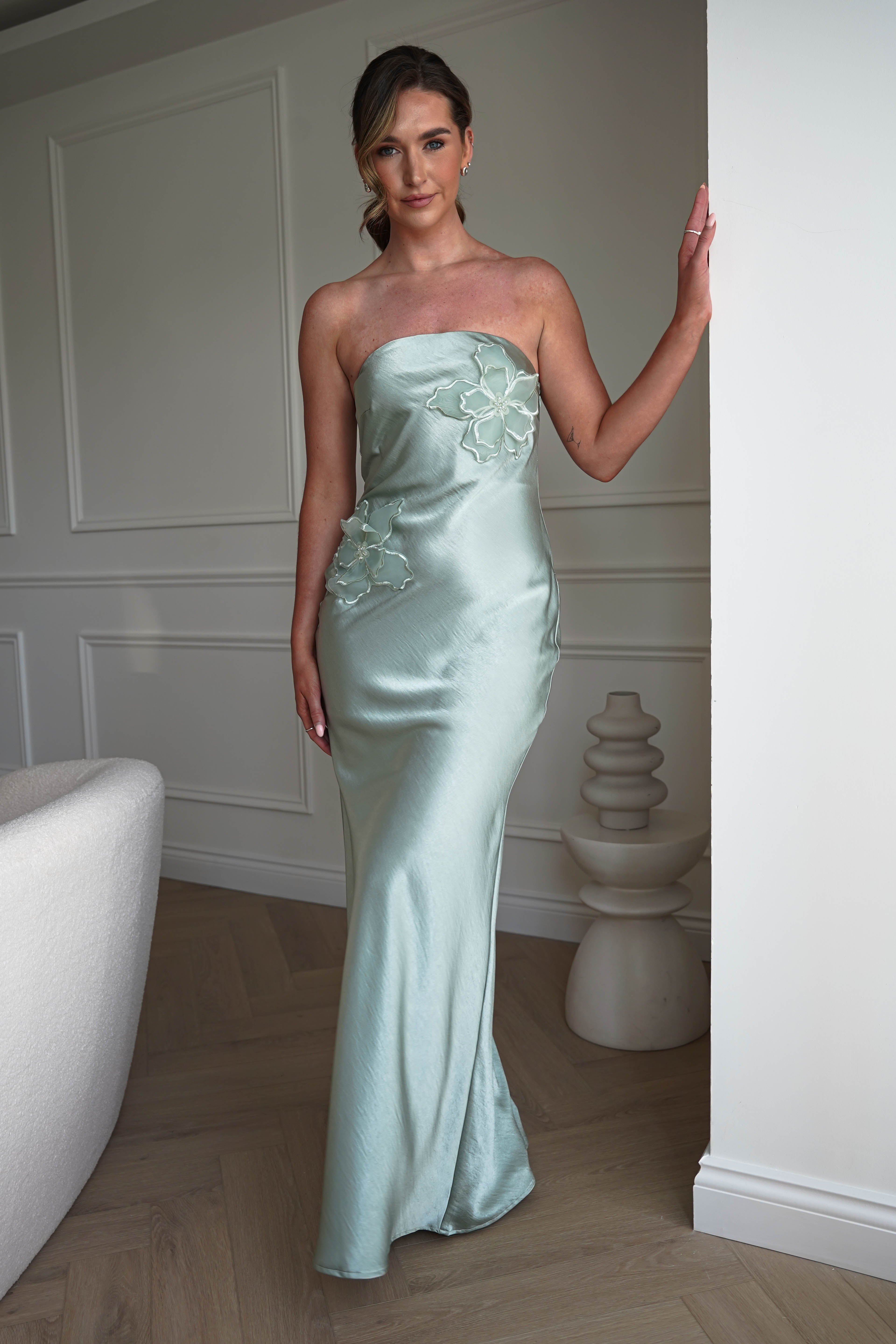 Oh Hello Clothing Women > Clothing > Dresses 1*DONE - MANIJU-MM24562-SAGE Floral Appliqué Satin Maxi Dress