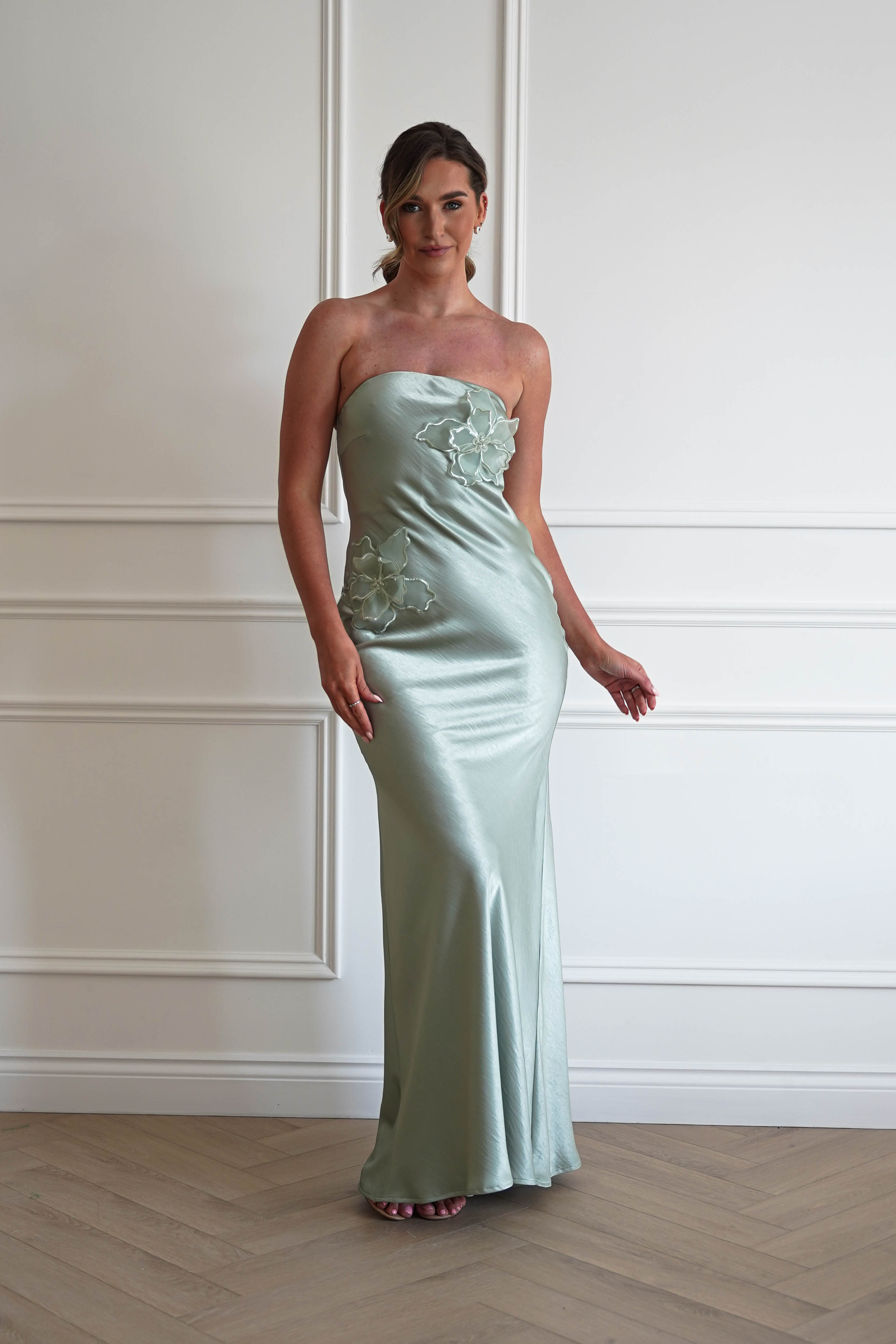 Oh Hello Clothing Women > Clothing > Dresses 1*DONE - MANIJU-MM24562-SAGE Floral Appliqué Satin Maxi Dress