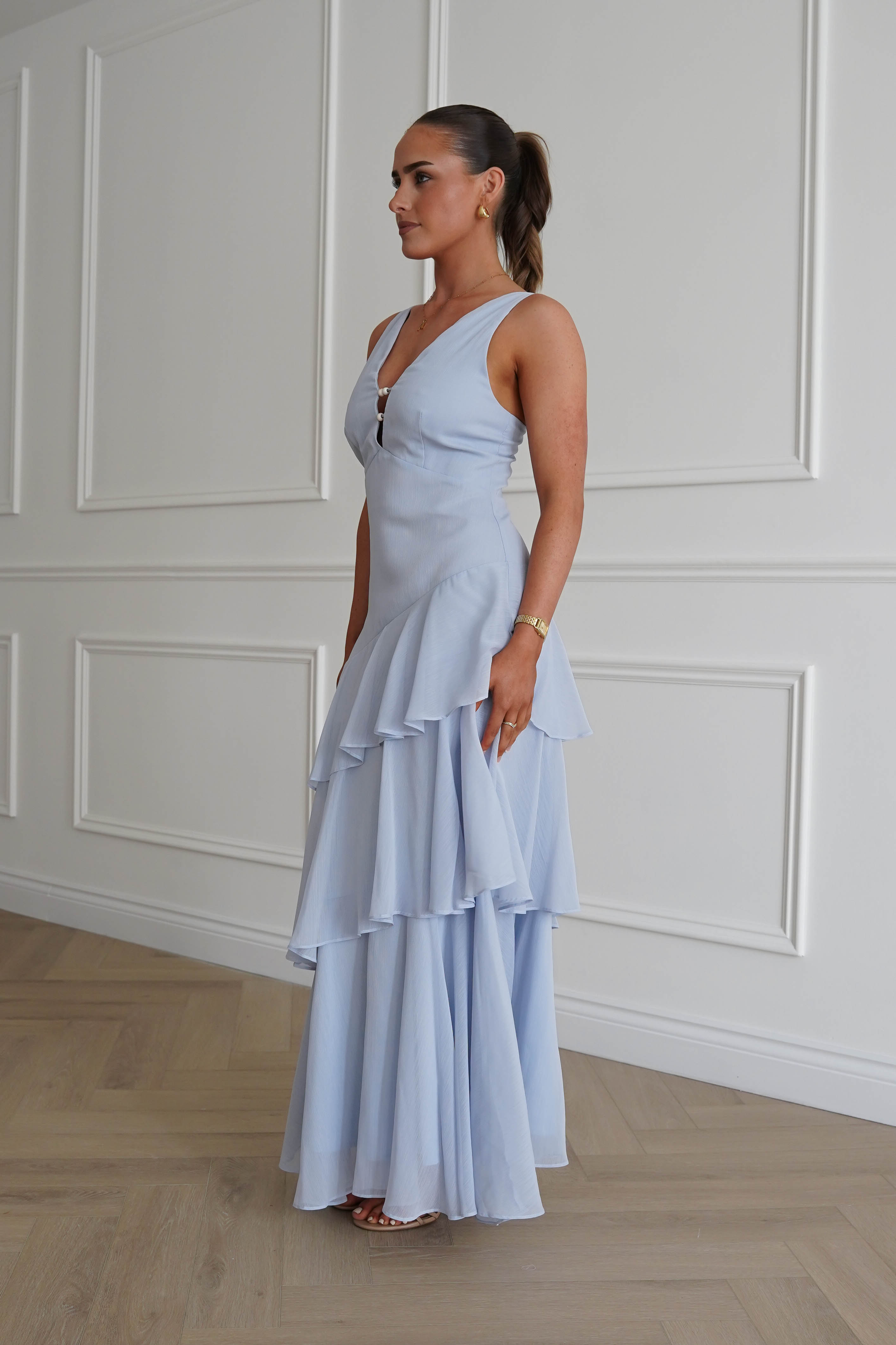 Oh Hello Clothing Dresses > Prom Dresses 1*DONE-SAMPLE DRES-JY26017- Powder Blue Tiered Maxi Dress with bead detail