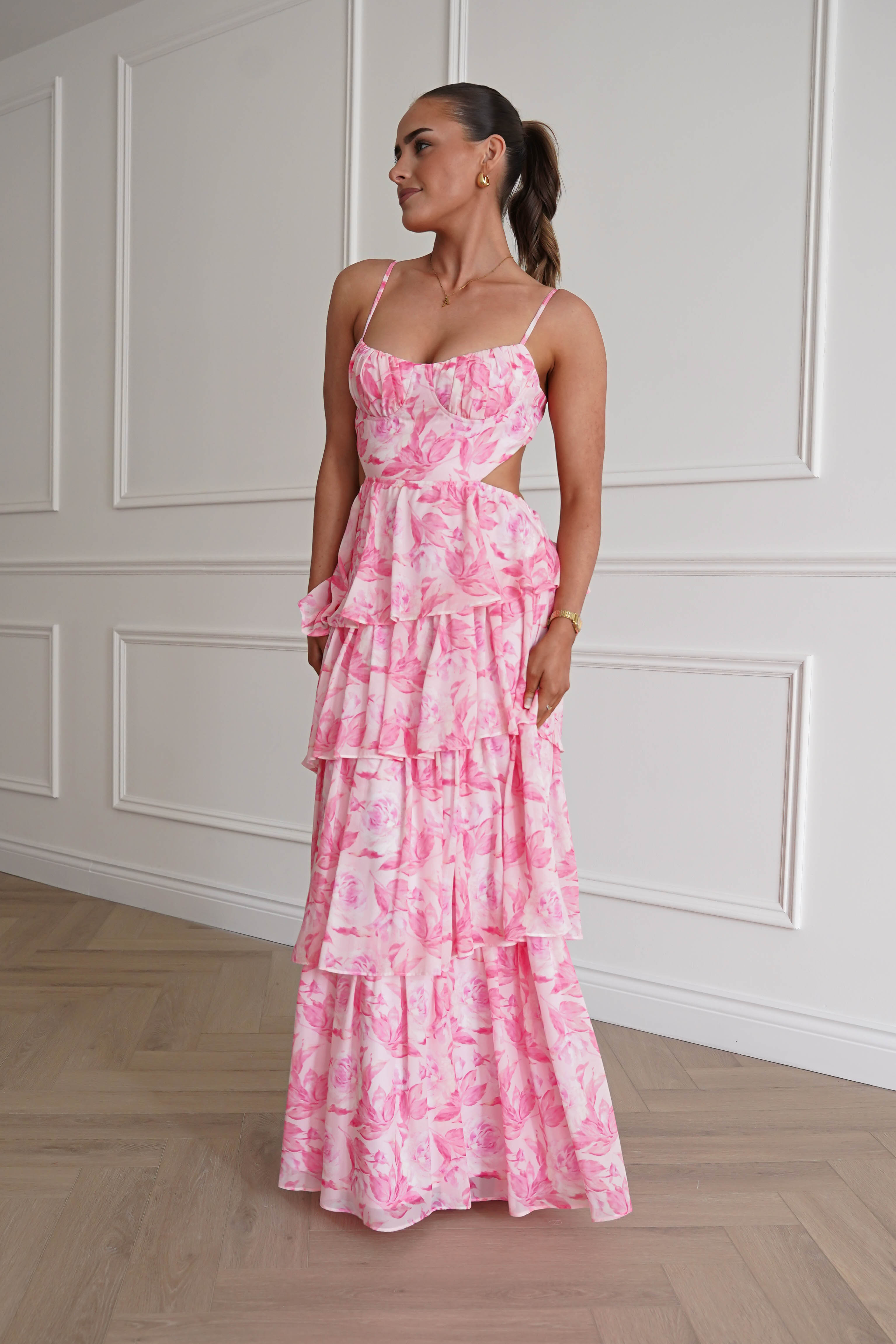 Oh Hello Clothing Women > Clothing > Dresses 1* DONE - SAMPLE- SAME STYLE AS Elouise Floral Tiered Maxi Dress PINK