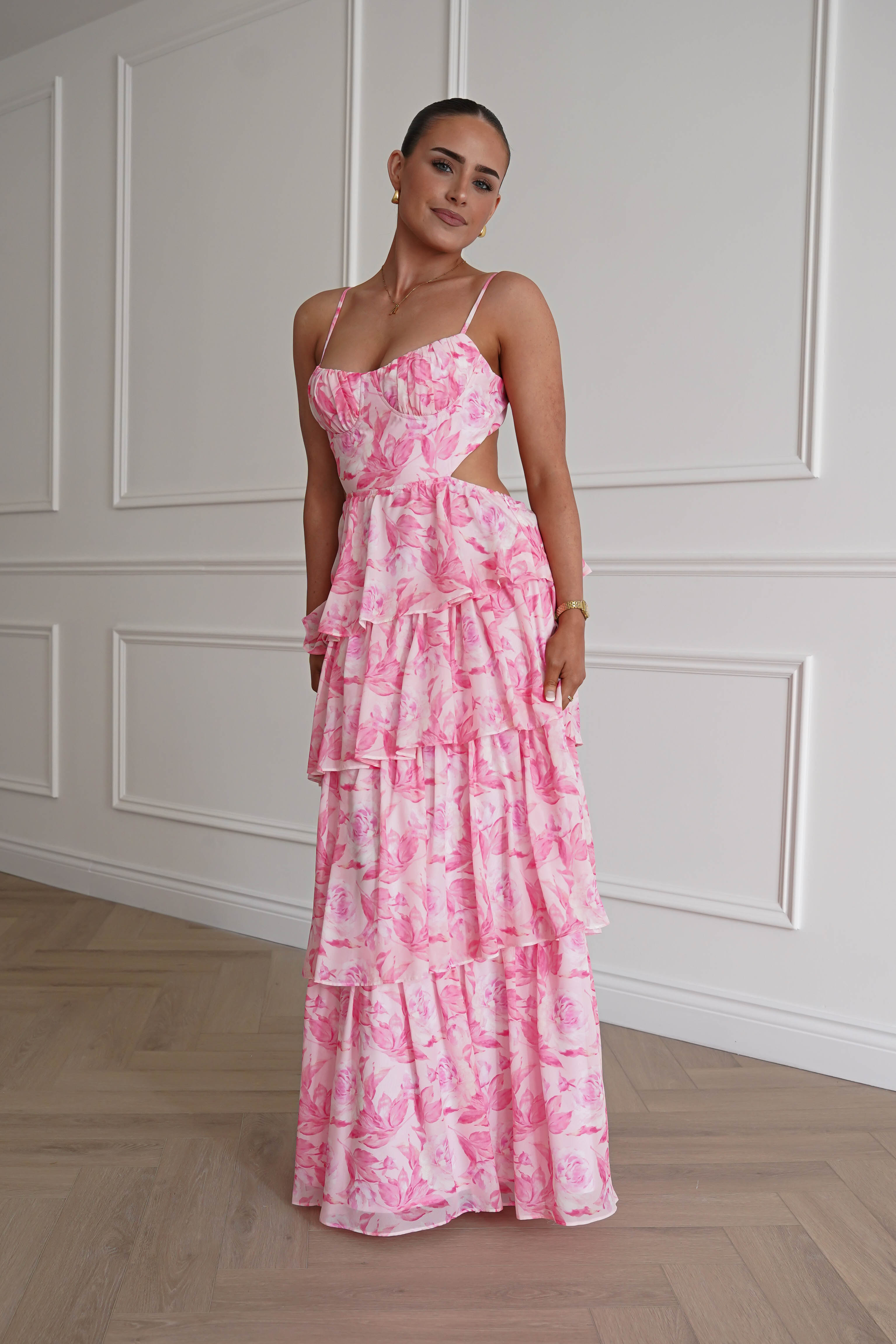 Oh Hello Clothing Women > Clothing > Dresses 1* DONE - SAMPLE- SAME STYLE AS Elouise Floral Tiered Maxi Dress PINK