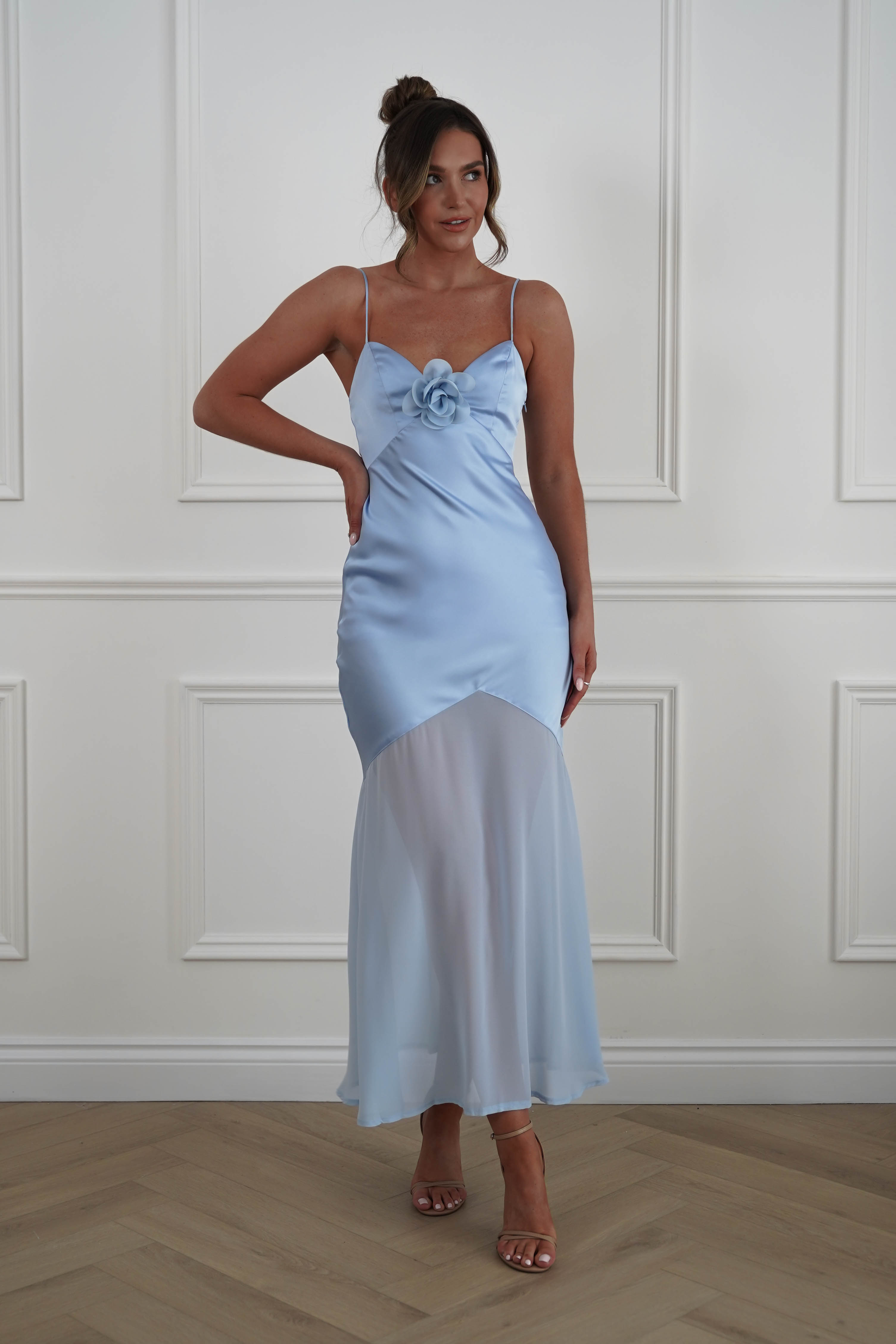 Oh Hello Clothing Women > Clothing > Dresses 1*DONE -SASHA-64972D-Powder Blue Chiffon Maxi Dress with Layered Hem - sample