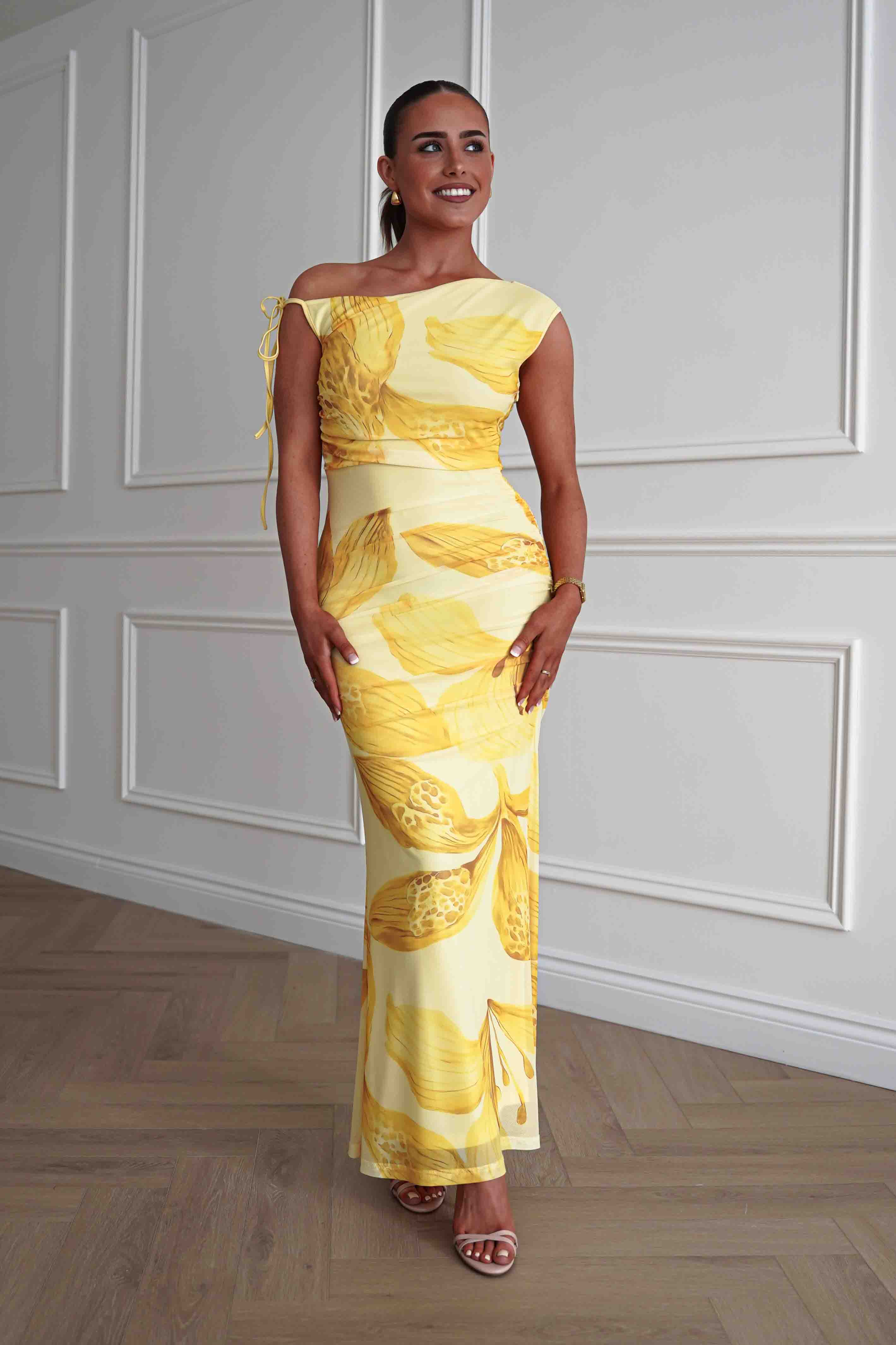 Oh Hello Clothing Women > Clothing > Dresses 1*DONE -SASHA-64981H-Yellow abstract floral print maxi dress (Copy)