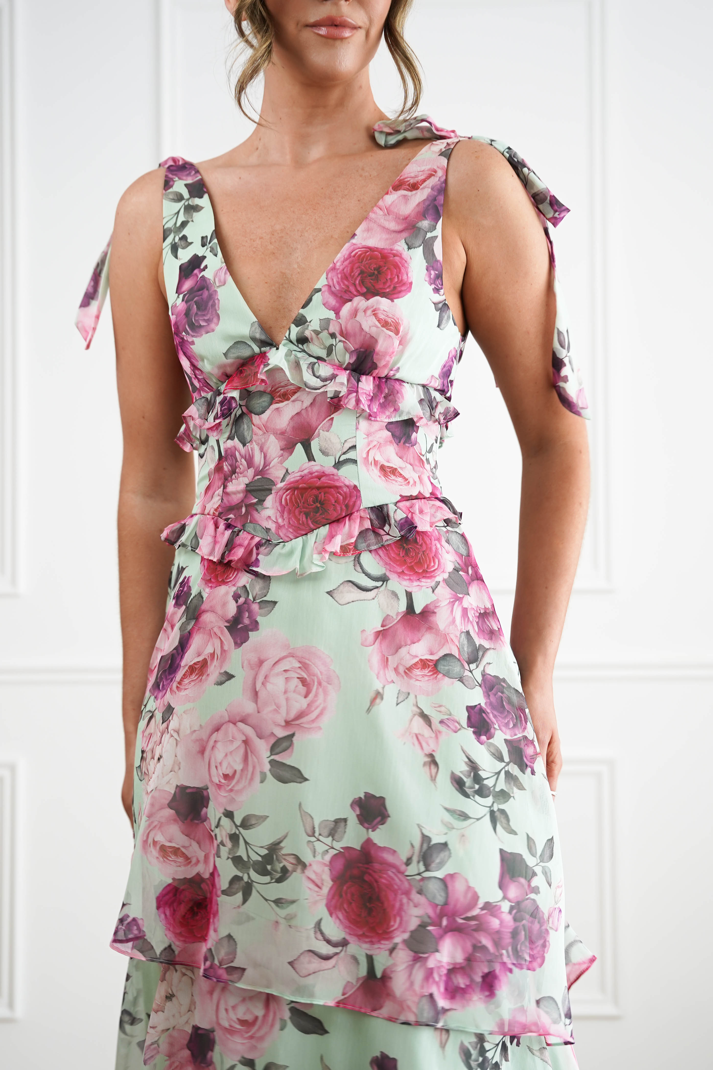 Oh Hello Clothing Women > Clothing > Dresses 1*DONE -SASHA-65023J01-SAGE AND FLORAL ROSE Print Tiered Maxi Dress