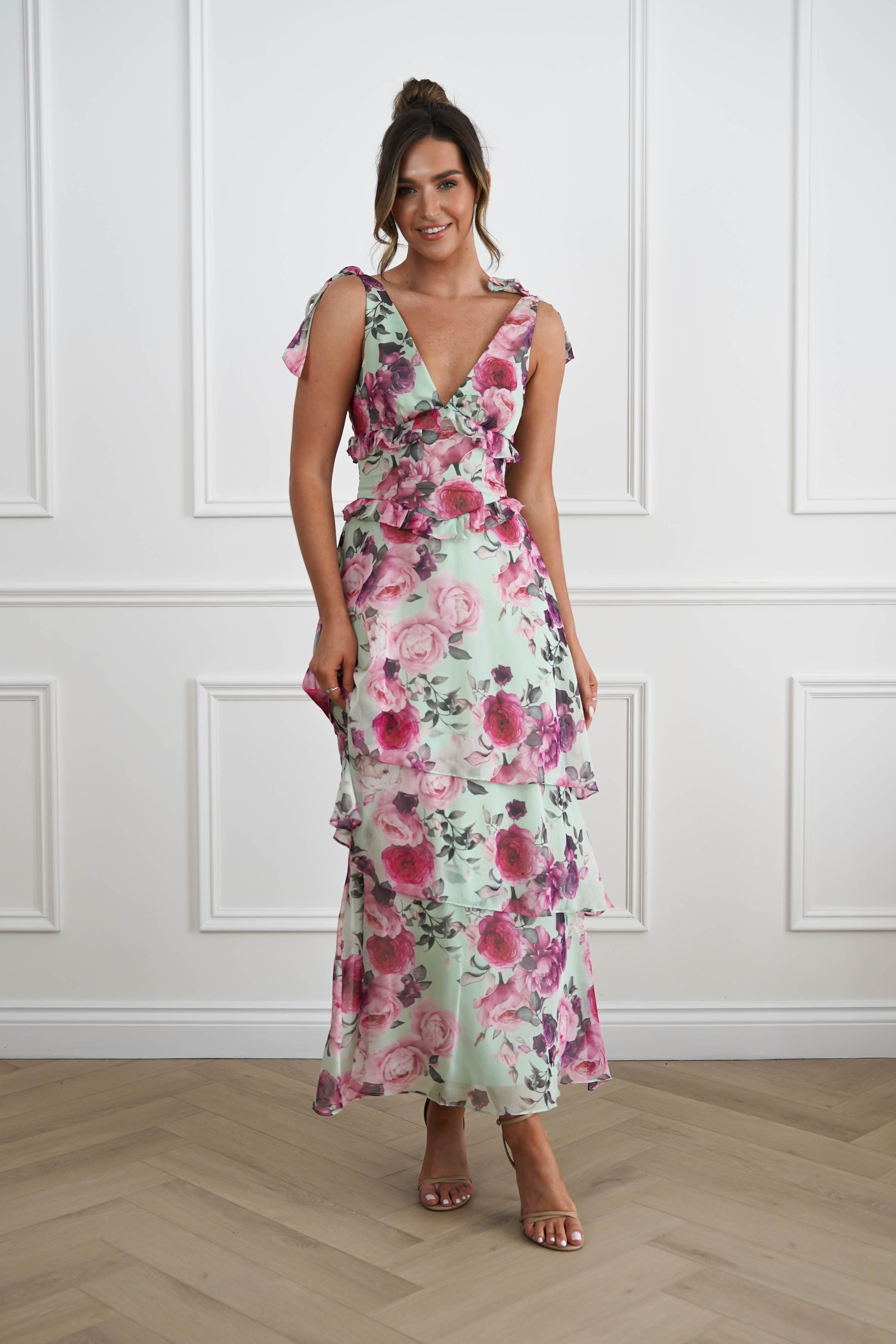 Oh Hello Clothing Women > Clothing > Dresses 1*DONE -SASHA-65023J01-SAGE AND FLORAL ROSE Print Tiered Maxi Dress