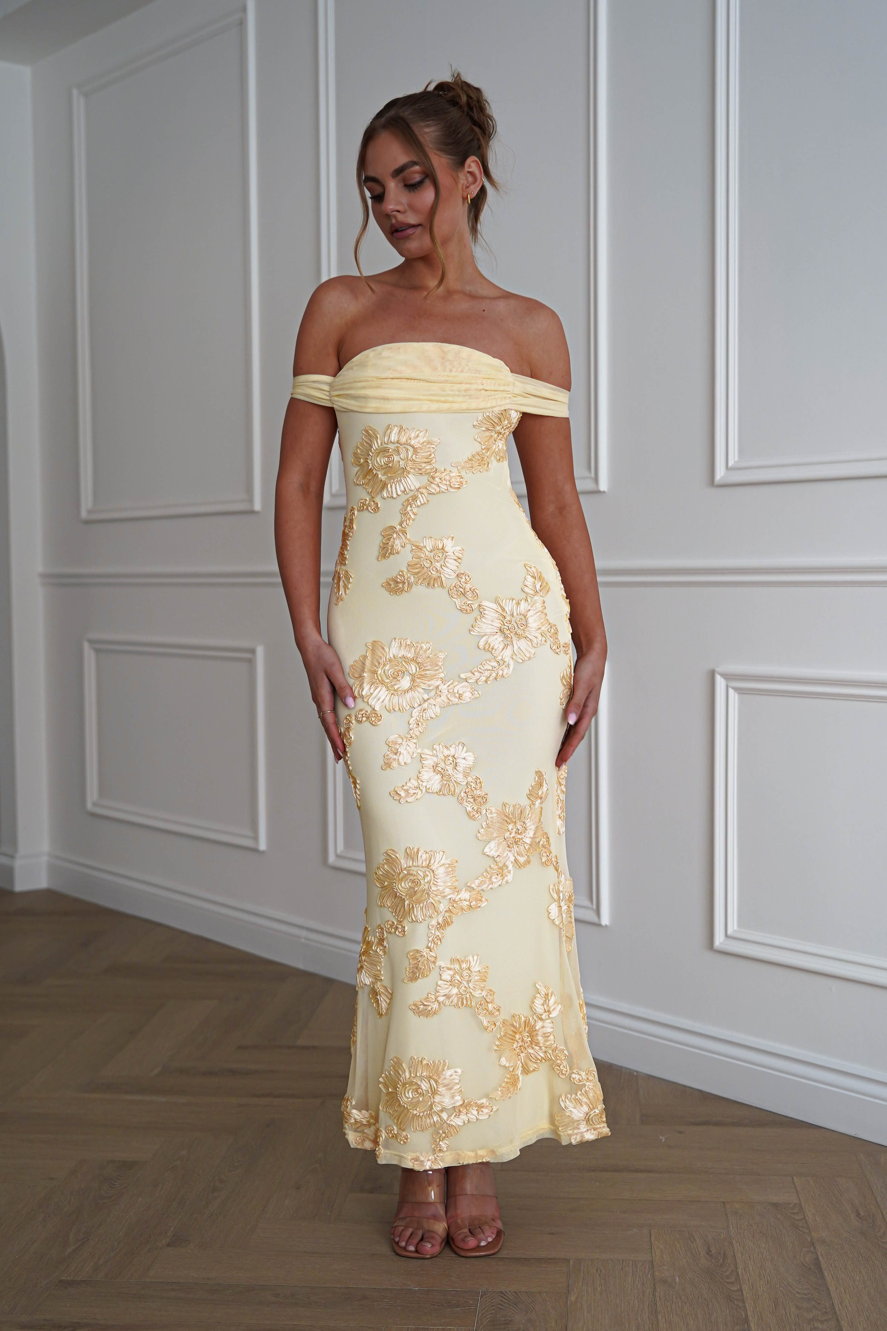 Oh Hello Clothing Dresses > Prom Dresses 1*DONE-SHAREEN-MD10102-YELLOW MESH STRAPLESS DRESS.