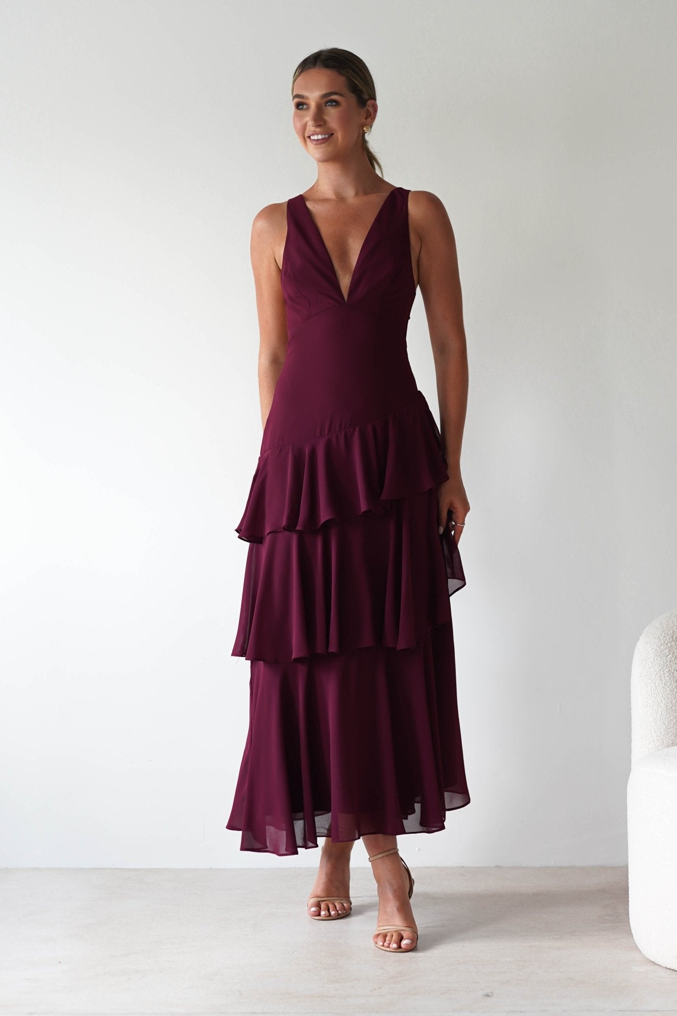 Andalusia Ruffle Maxi Dress Wine | Wedding Guest Dress | Maxi | Oh Hello Clothing