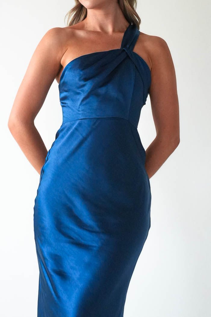 Ashlee Soft Satin One Shoulder Maxi Dress Navy | Wedding Guest Dress | One Shoulder | Maxi | Oh Hello Clothing