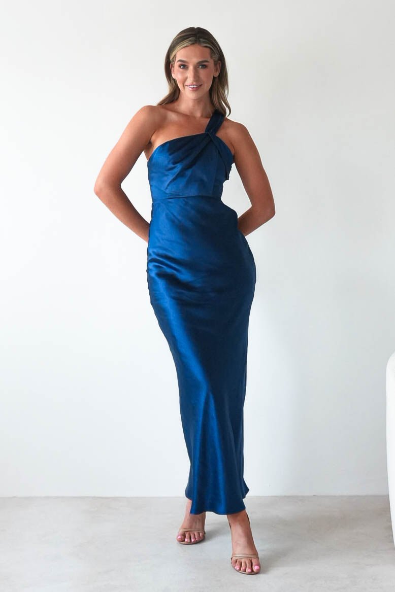 Ashlee Soft Satin One Shoulder Maxi Dress Navy | Wedding Guest Dress | One Shoulder | Maxi | Oh Hello Clothing