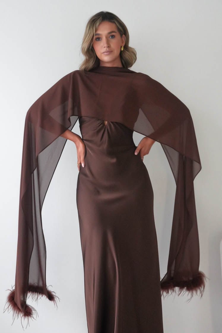 Oh Hello Clothing S (8) Chelle Chiffon Wrap Shawl With Feather Trim | Brown