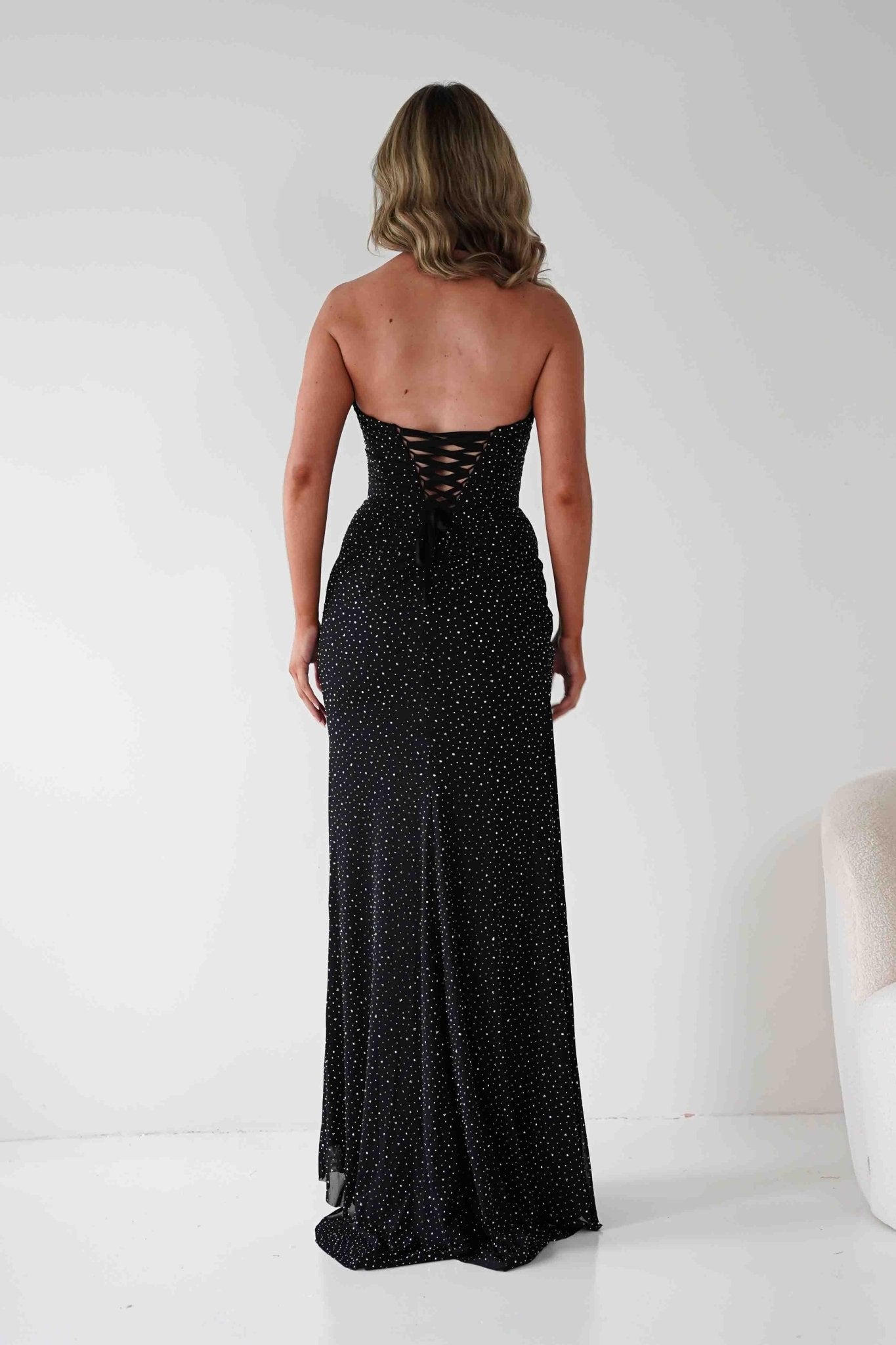 Diana Draped Strapless Rhinestone Gown | Black | Debs & Prom | Formal Gown | Oh Hello Clothing