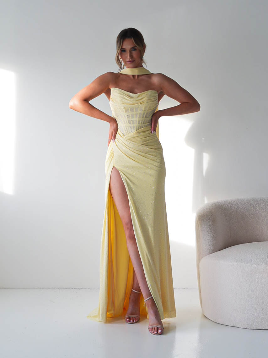 Oh Hello Clothing Dresses > Prom Dresses Diana Draped Strapless Rhinestone Gown | Yellow