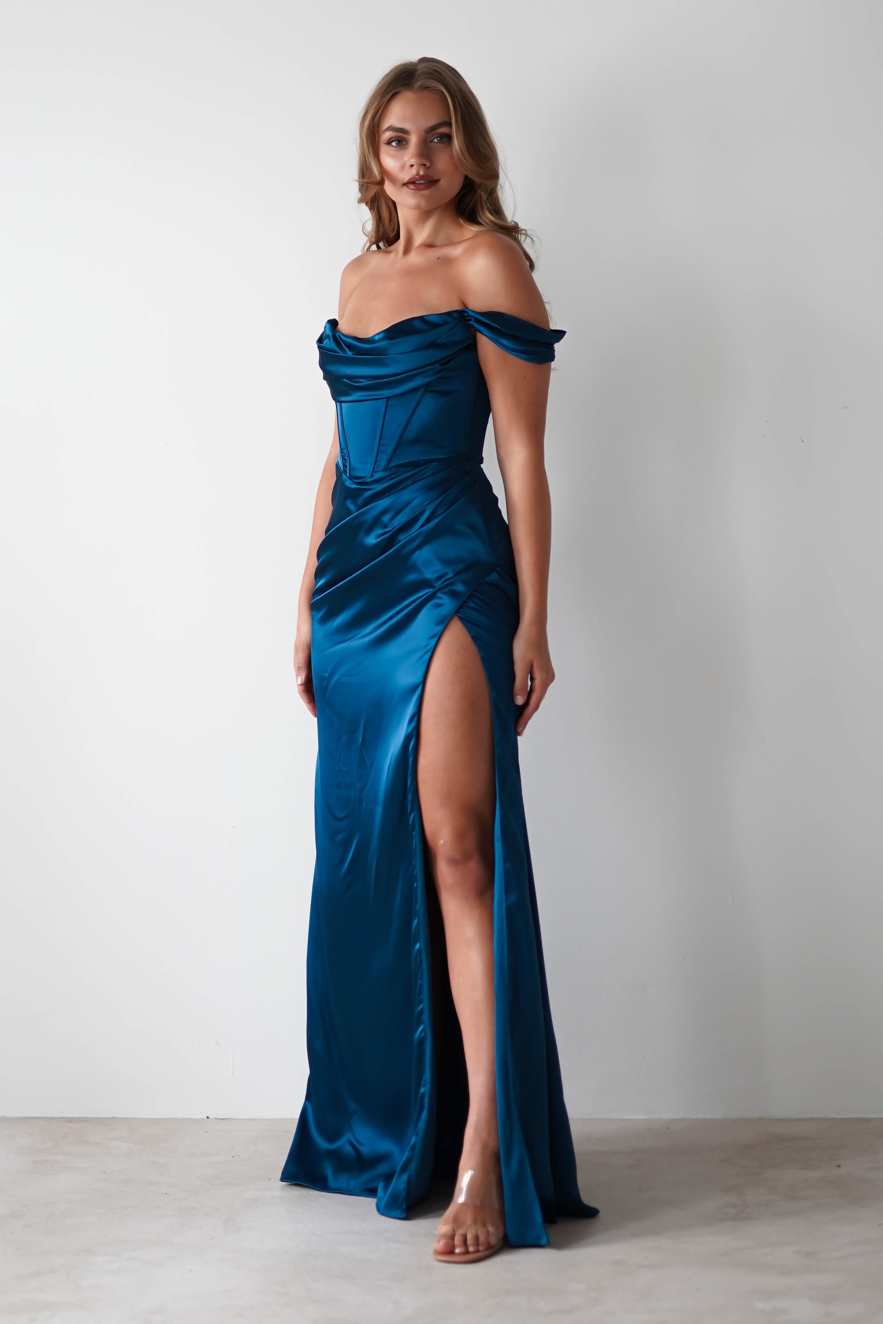 Dionne Soft Coset Maxi Gown | French Navy | Debs & Prom | Formal Gown | Oh Hello Clothing
