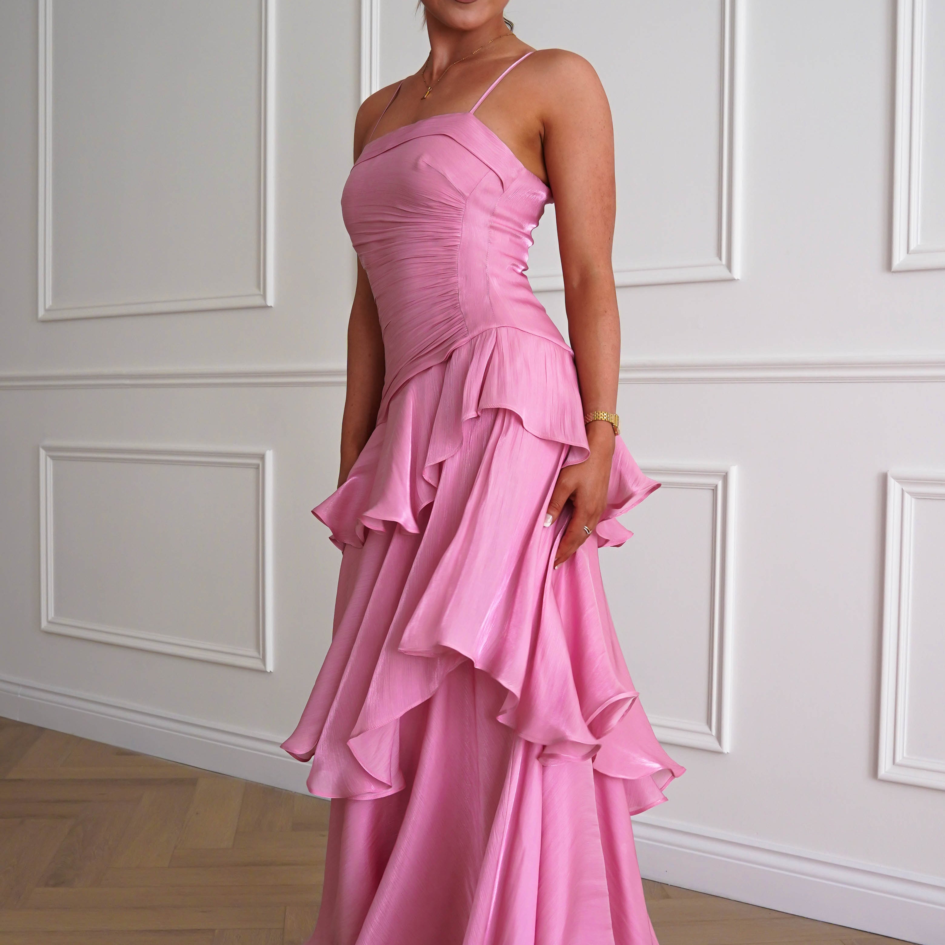 Oh Hello Clothing Women > Clothing > Dresses *DONE - Renee Luminescent Ruffle Maxi Dress | Pink