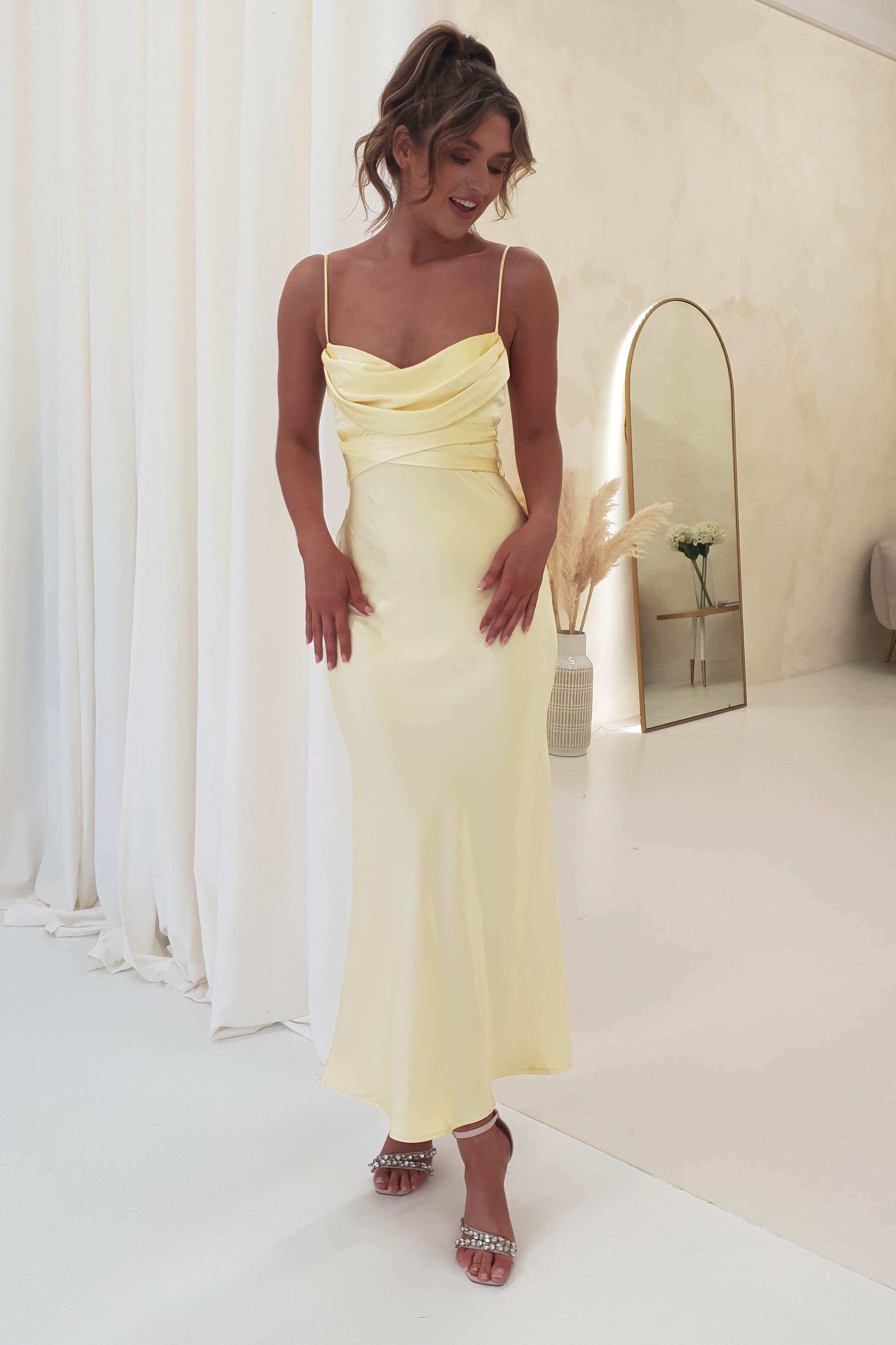 Everleigh Soft Satin Midi Dress | Butter Yellow | Wedding Guest Dress | Oh Hello Clothing