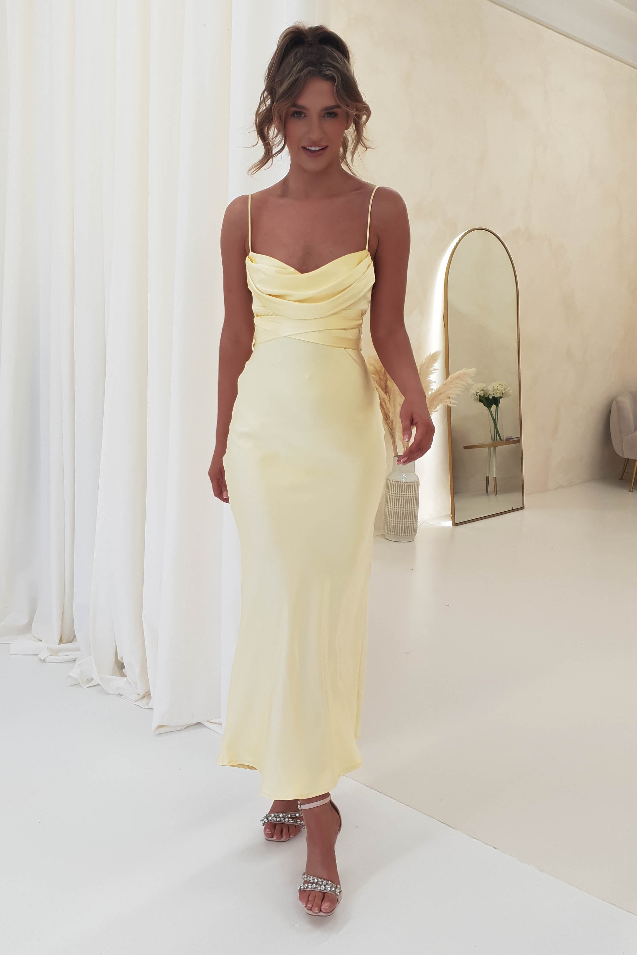 Everleigh Soft Satin Midi Dress | Butter Yellow | Wedding Guest Dress | Oh Hello Clothing