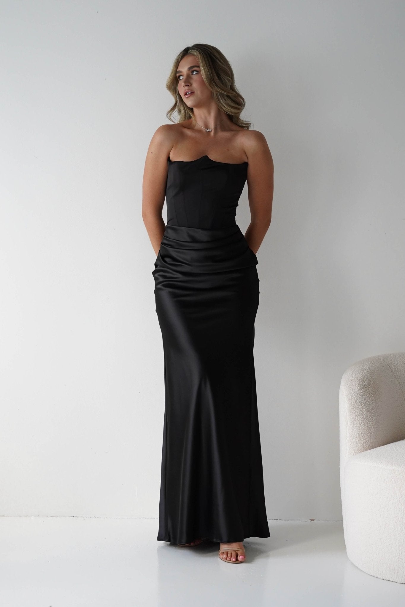 Giselle Corset Satin Maxi Dress Black | Black Tie Evening Dress | Corset Bodice | Maxi | Oh Hello Clothing