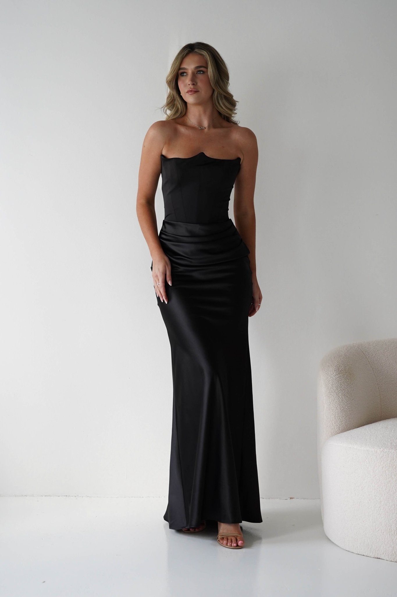 Giselle Corset Satin Maxi Dress Black | Black Tie Evening Dress | Corset Bodice | Maxi | Oh Hello Clothing