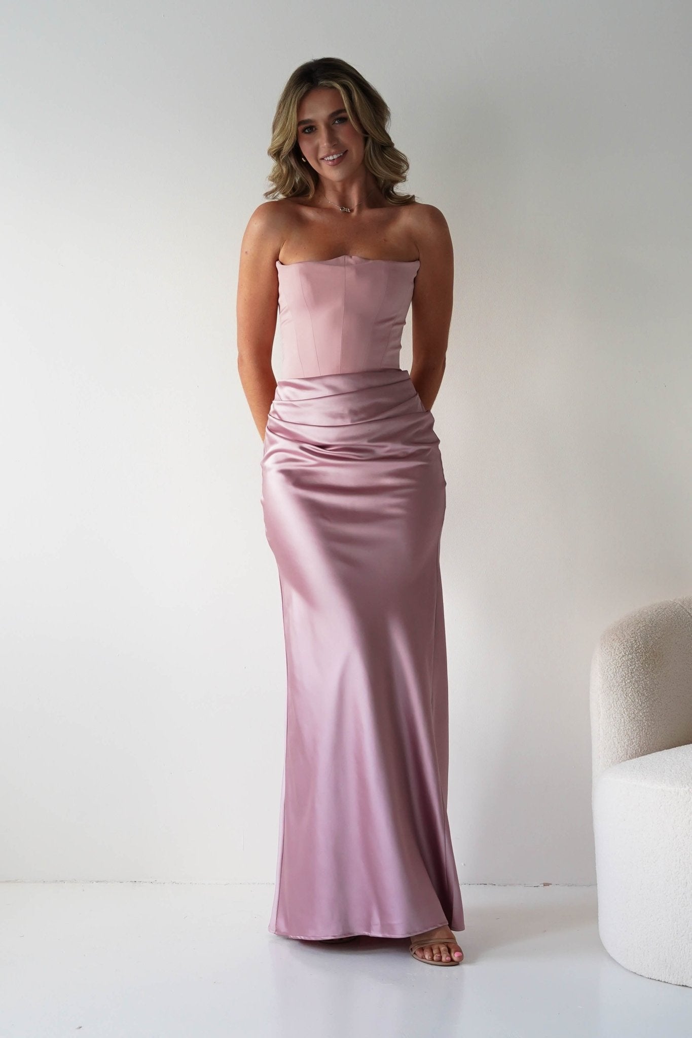 Giselle Corset Satin Maxi Dress Blush | Wedding Guest Dress | Corset Bodice | Maxi | Oh Hello Clothing