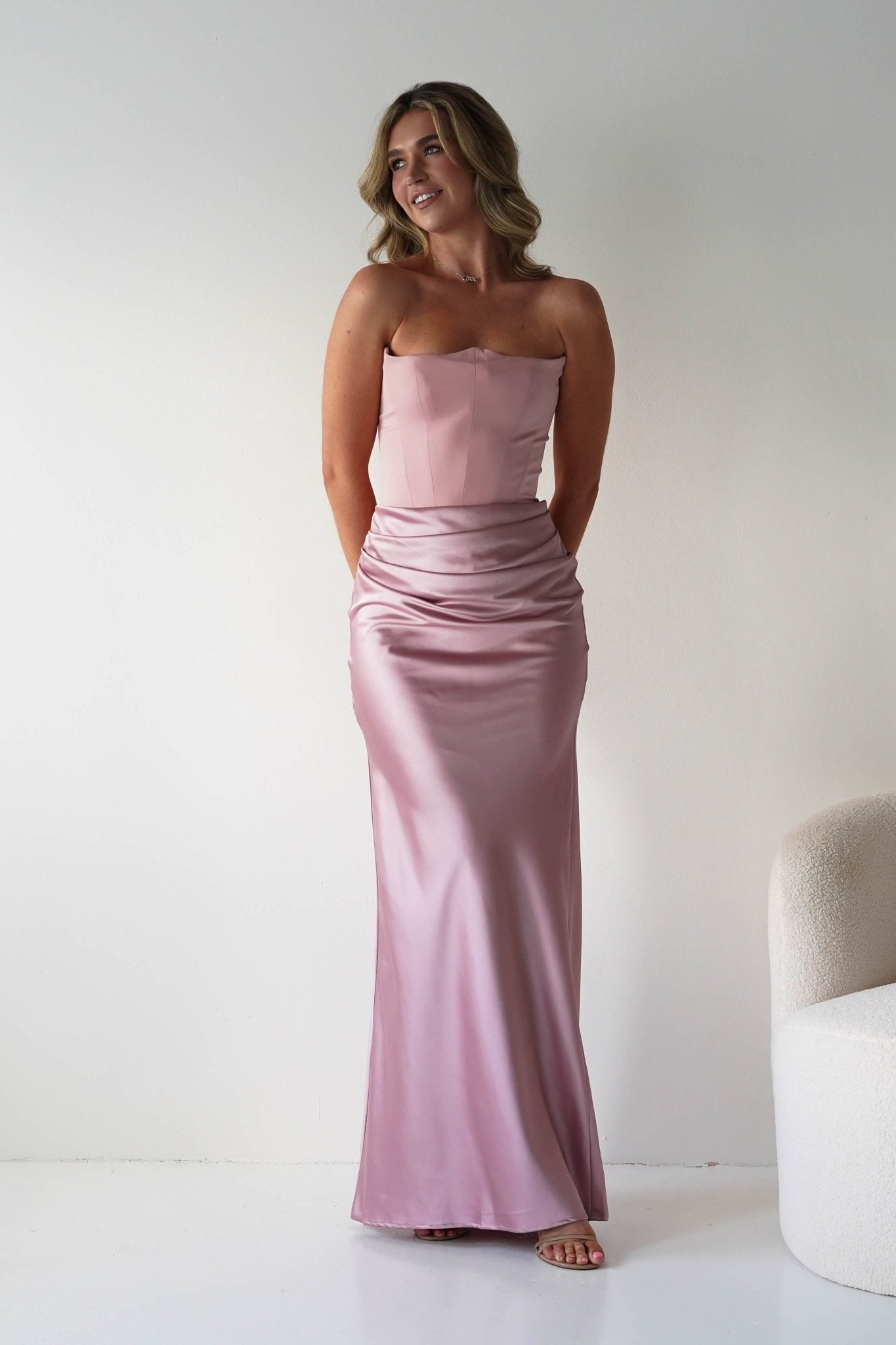 Giselle Corset Satin Maxi Dress Blush | Wedding Guest Dress | Corset Bodice | Maxi | Oh Hello Clothing