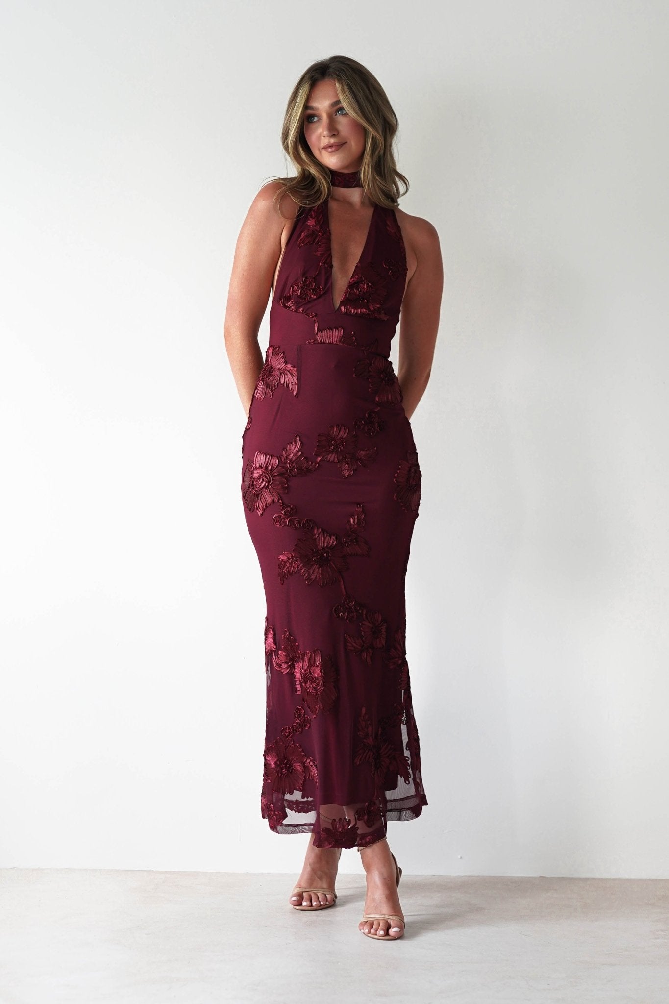 Halsey Tie Back Maxi Dress Wine Textured | Wedding Guest Dress | Maxi | Oh Hello Clothing