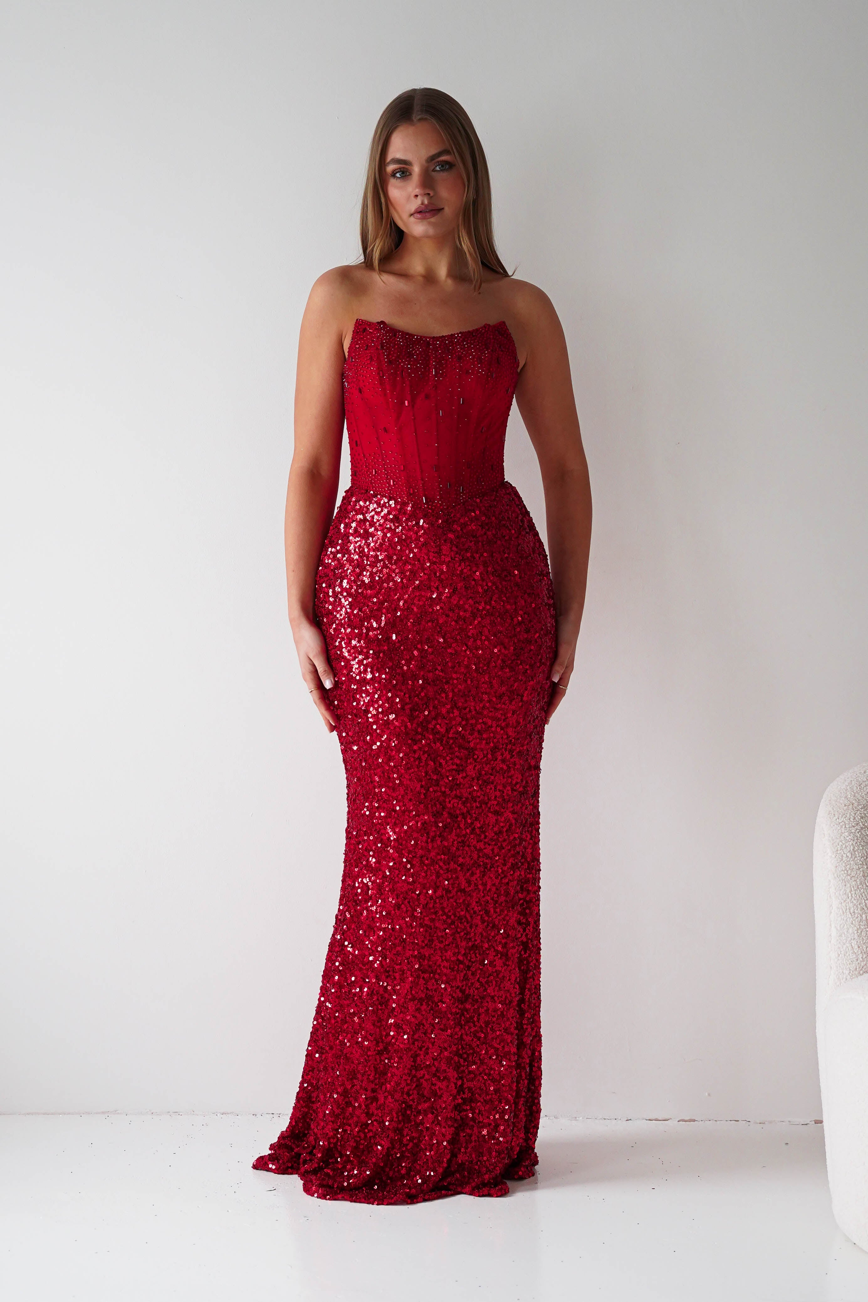Oh Hello Clothing Women > Clothing > Dresses Henrietta Strapless Corset Sequin Gown | Red