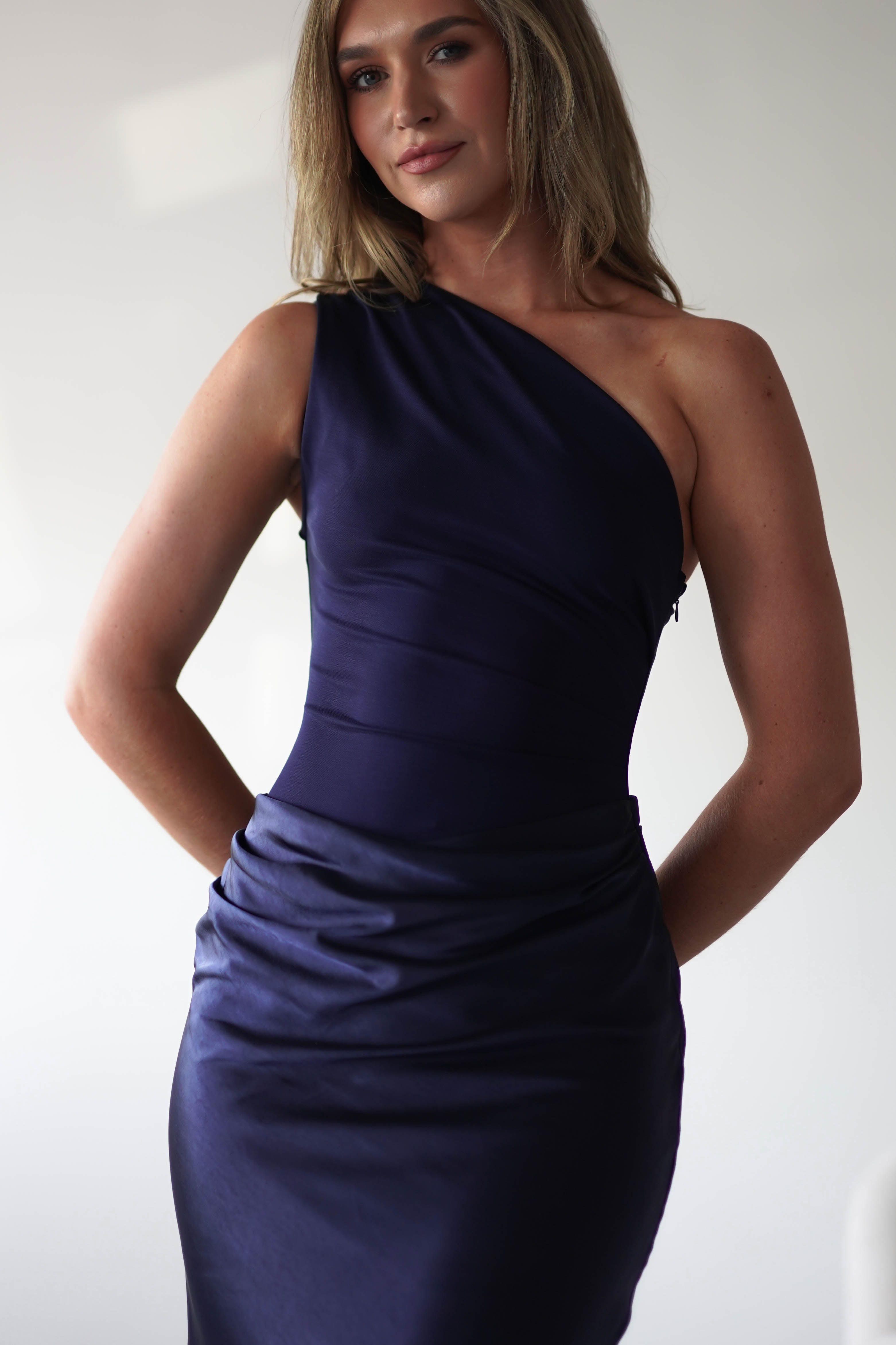 Kashia Draped Satin Maxi Dress Navy | Black Tie Evening Dress | Draped Skirt | Maxi | Oh Hello Clothing