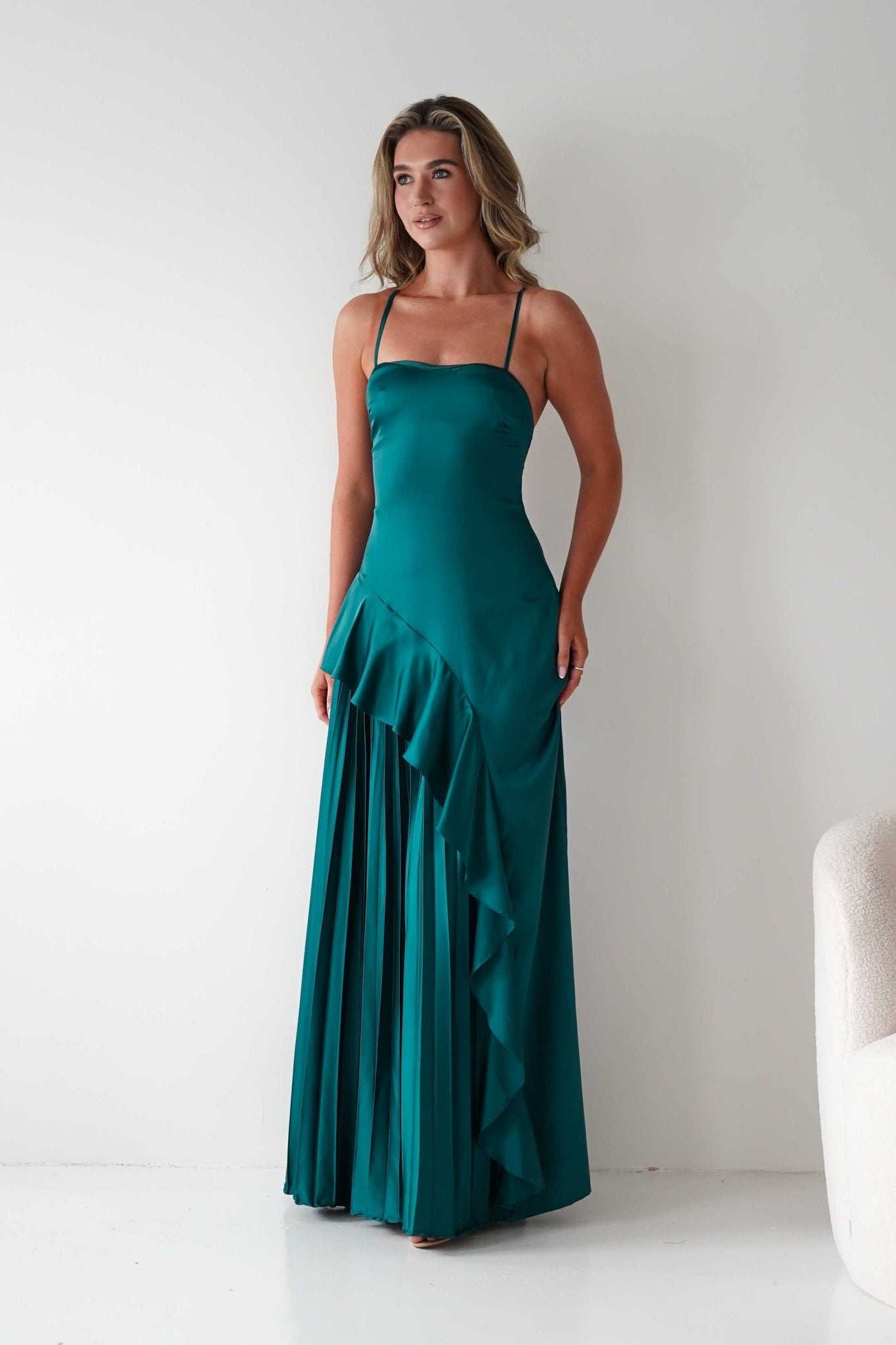 Krishna Satin Pleated Maxi Dresses | Emerald Green | Formal | Oh Hello Clothing