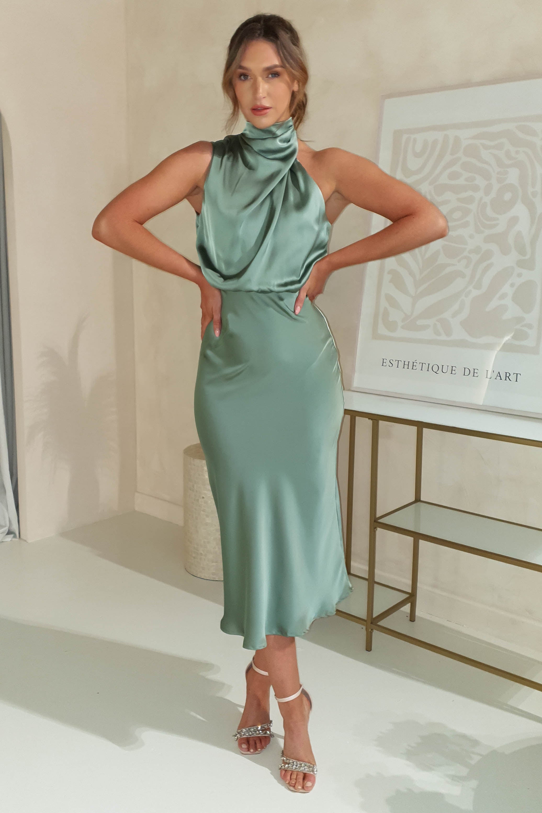 Layla Satin Print High Neck Midi Dress | Olive | Oh Hello Clothing