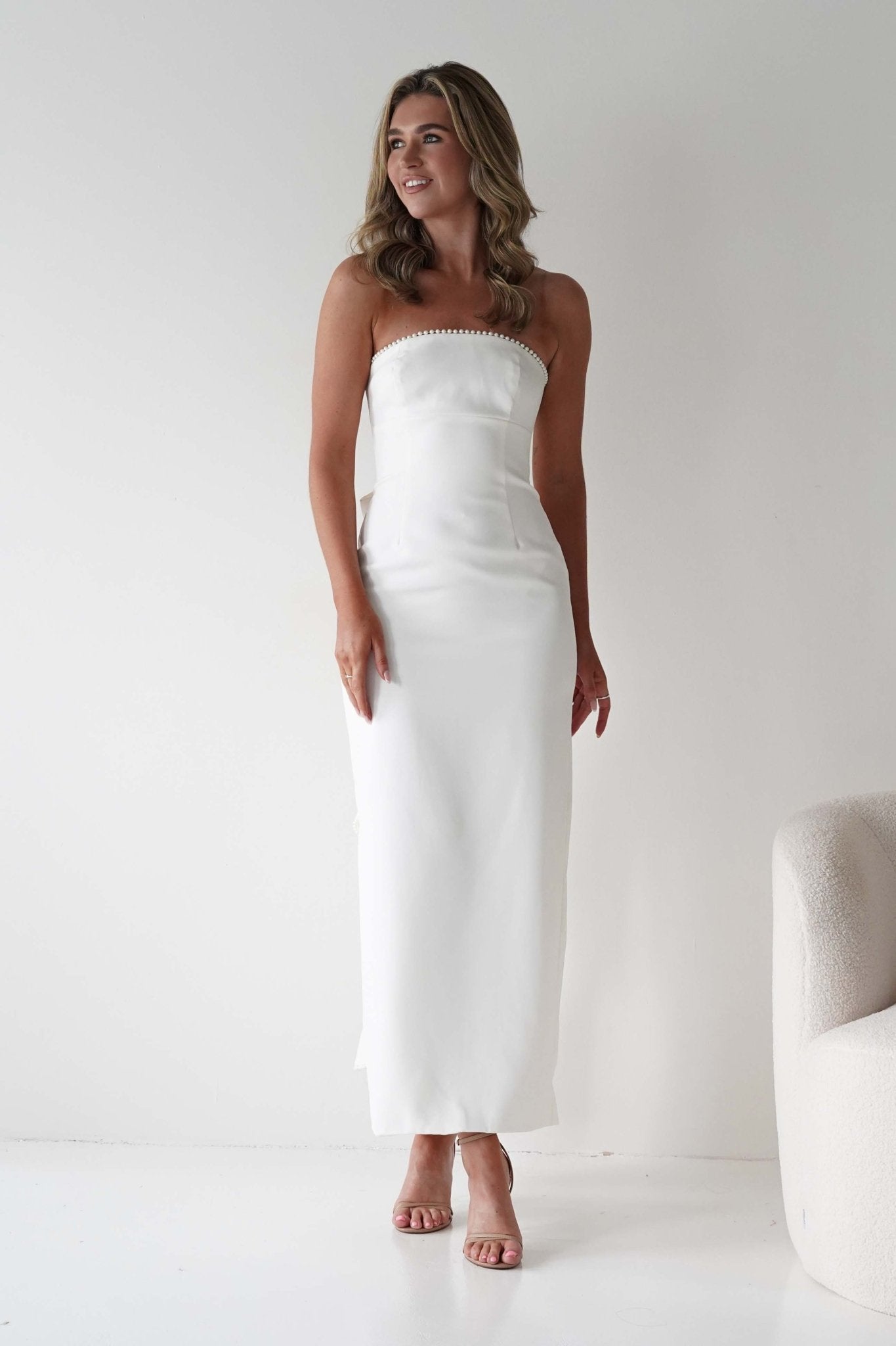 Louisiana Pearl Bow Strapless Dress | White | Graduation | Bride To Be Hen Dress | Oh Hello Clothing
